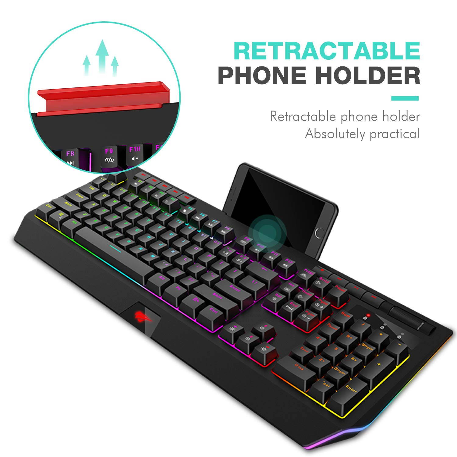 Havit RGB Backlit Mechanical Gaming Keyboard Blue Switch 104 Keys LED Wired Keyboards with Multimedia Keys Volume Control Phone Holder for PC Games