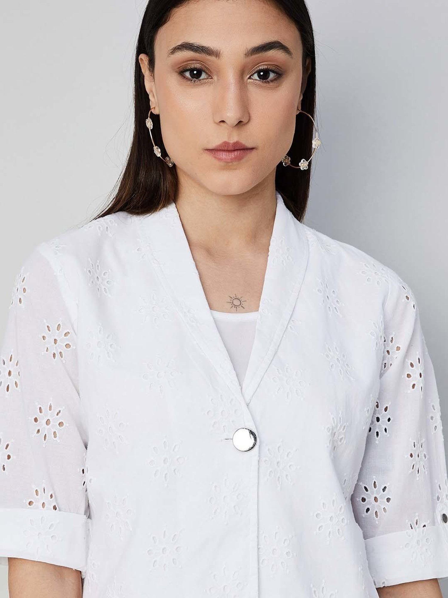 Code by Lifestyle Off-White Cotton Self Pattern Shrug