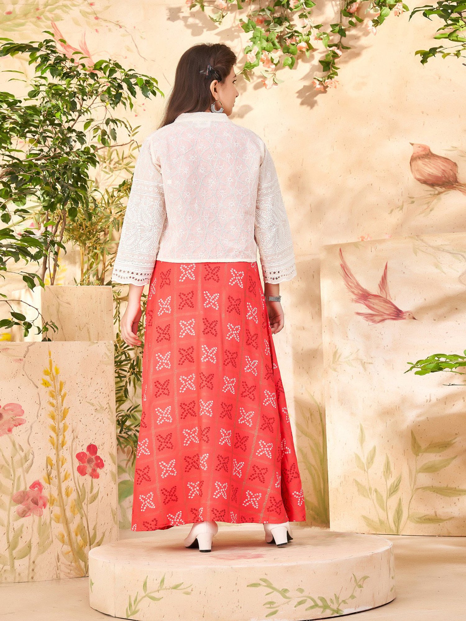 Aarika Girls Coral & Cream Embroidered Dress with Jacket