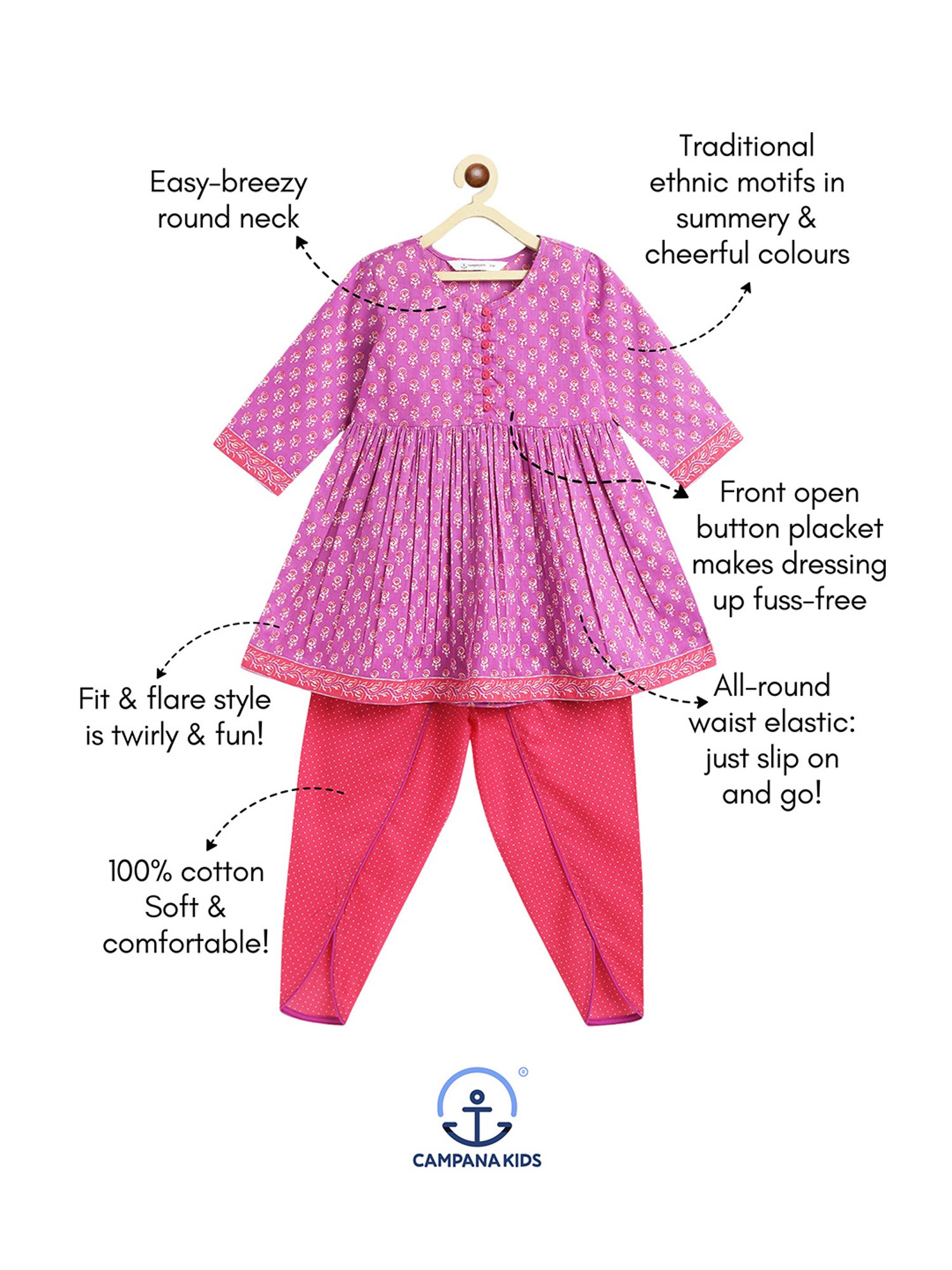 Campana Kids Purple & Pink Printed Kurta with Dhoti