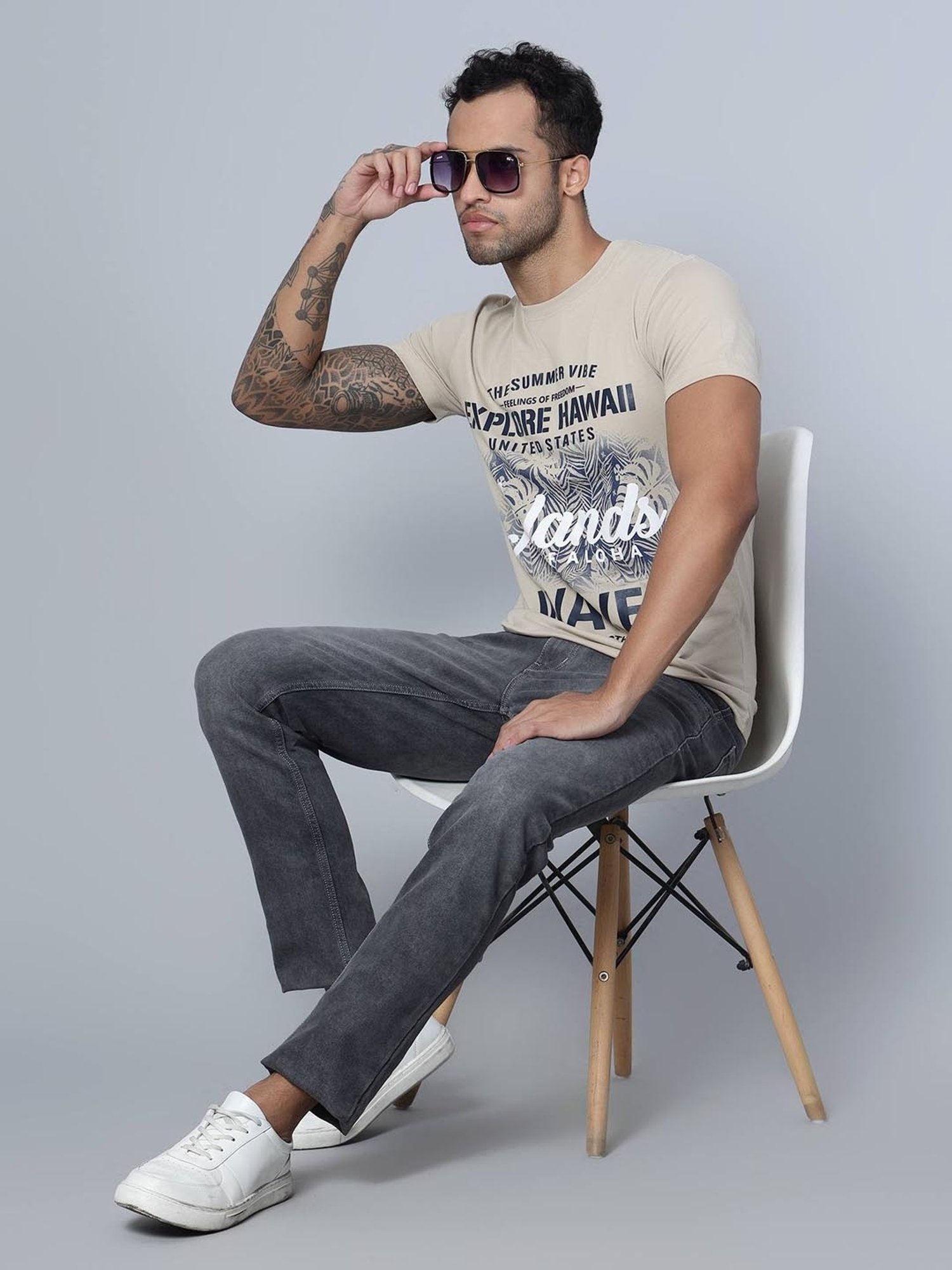 Cantabil Beige Regular Fit Printed T-Shirt