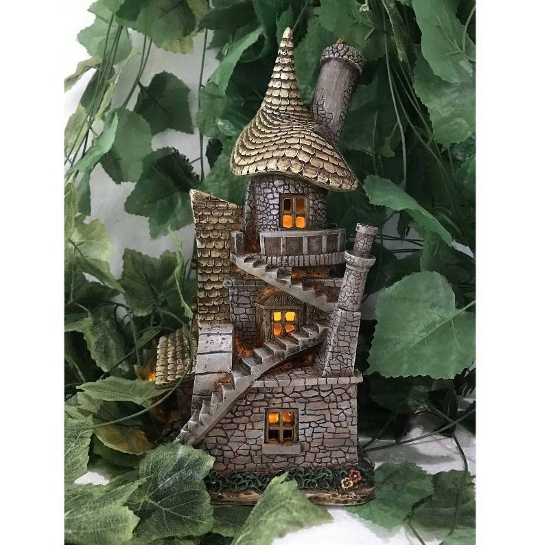 13" Polyresin Solar Fairy Garden House with Crooked Rood and Light Brown - Hi-Line Gift
