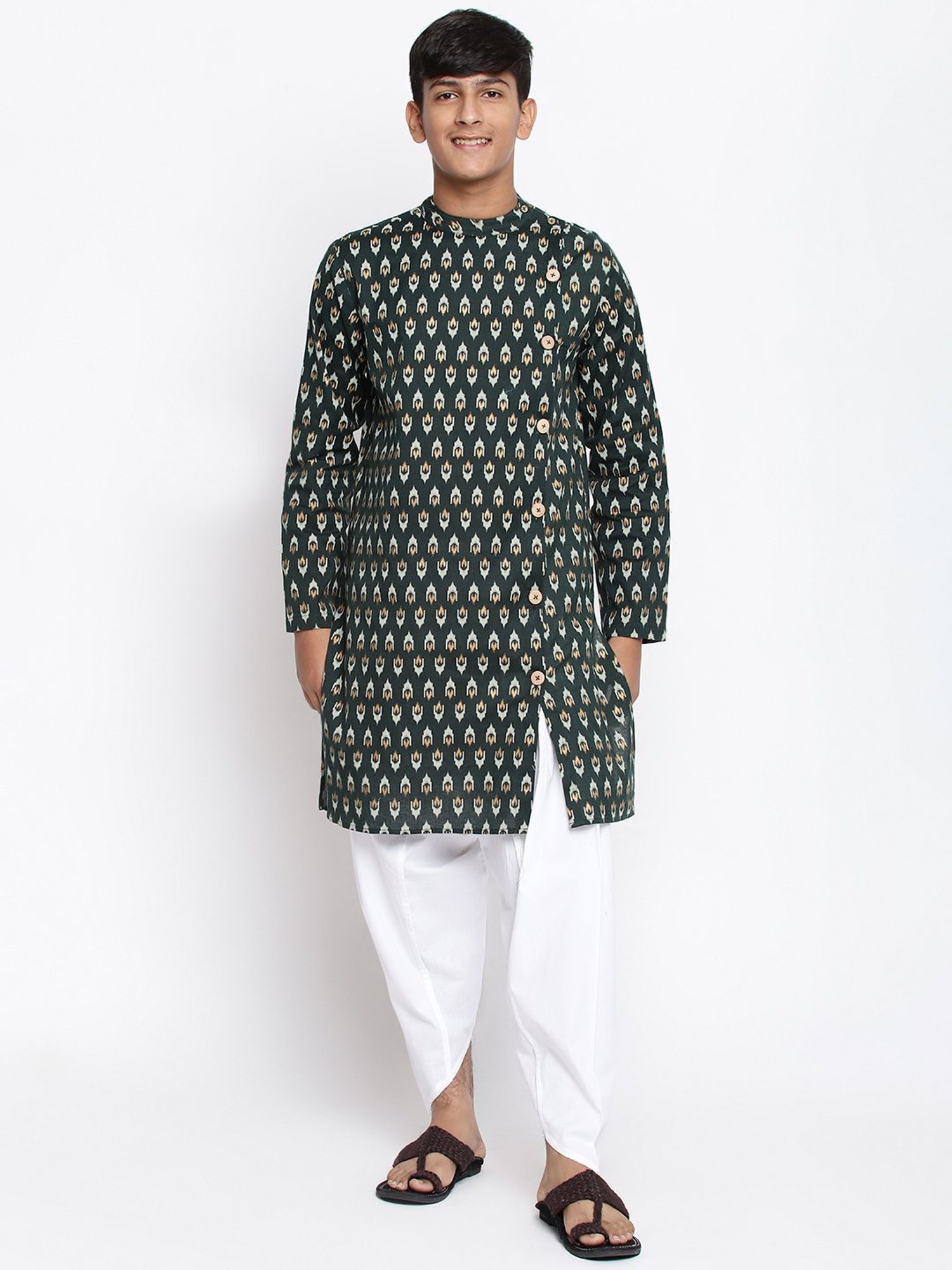 Lil Tomatoes Kids Green & White Cotton Printed Full Sleeves Kurta Set