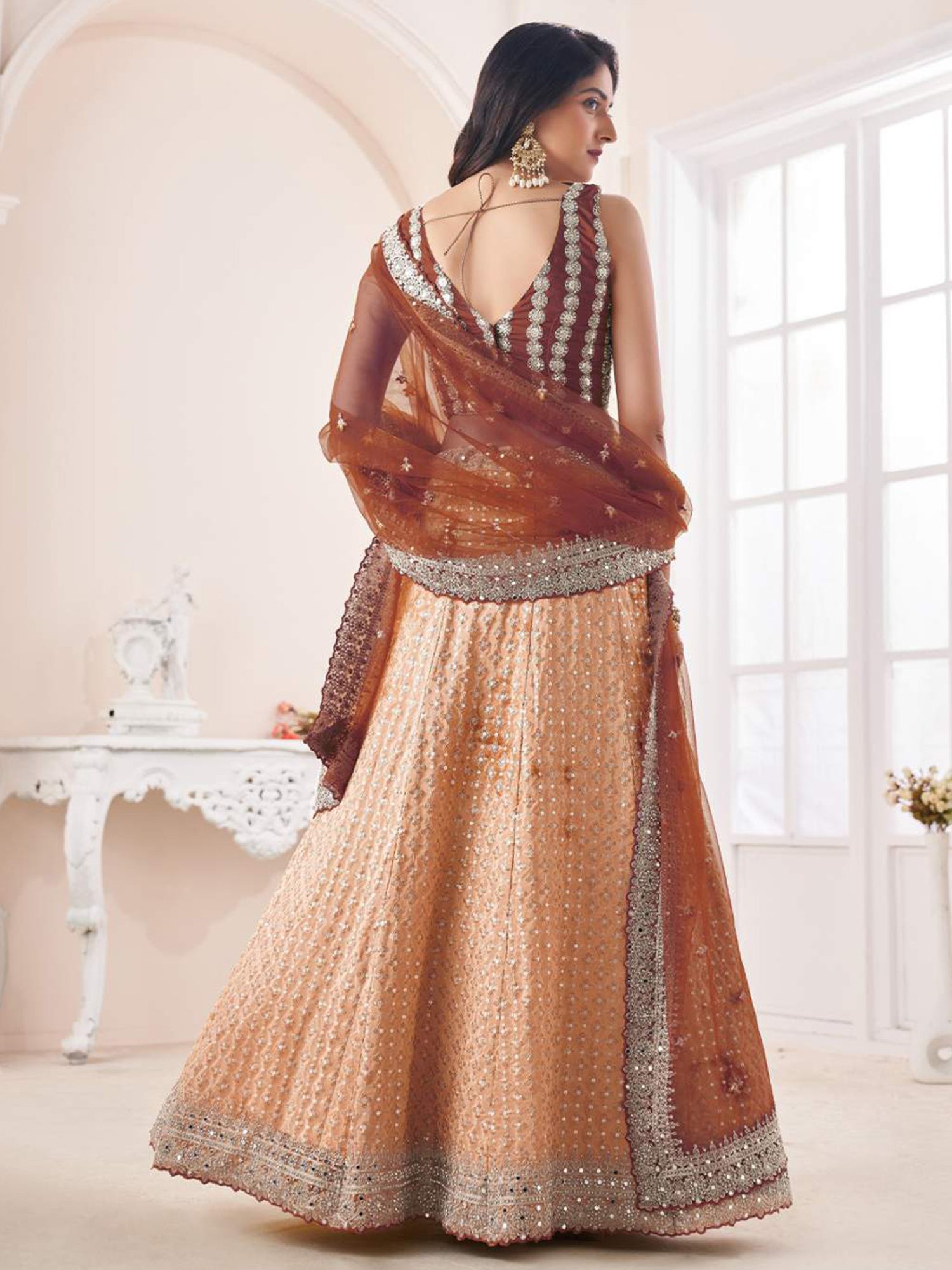 Odette Peach Embellished Semi Stitched Lehenga Blouse Set With Dupatta