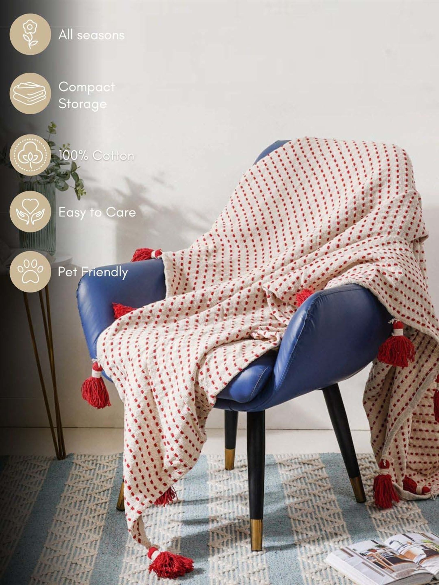 Nestasia Red & Cream Organic Cotton Knitted Throw blanket with texture for Living Room or Bedroom