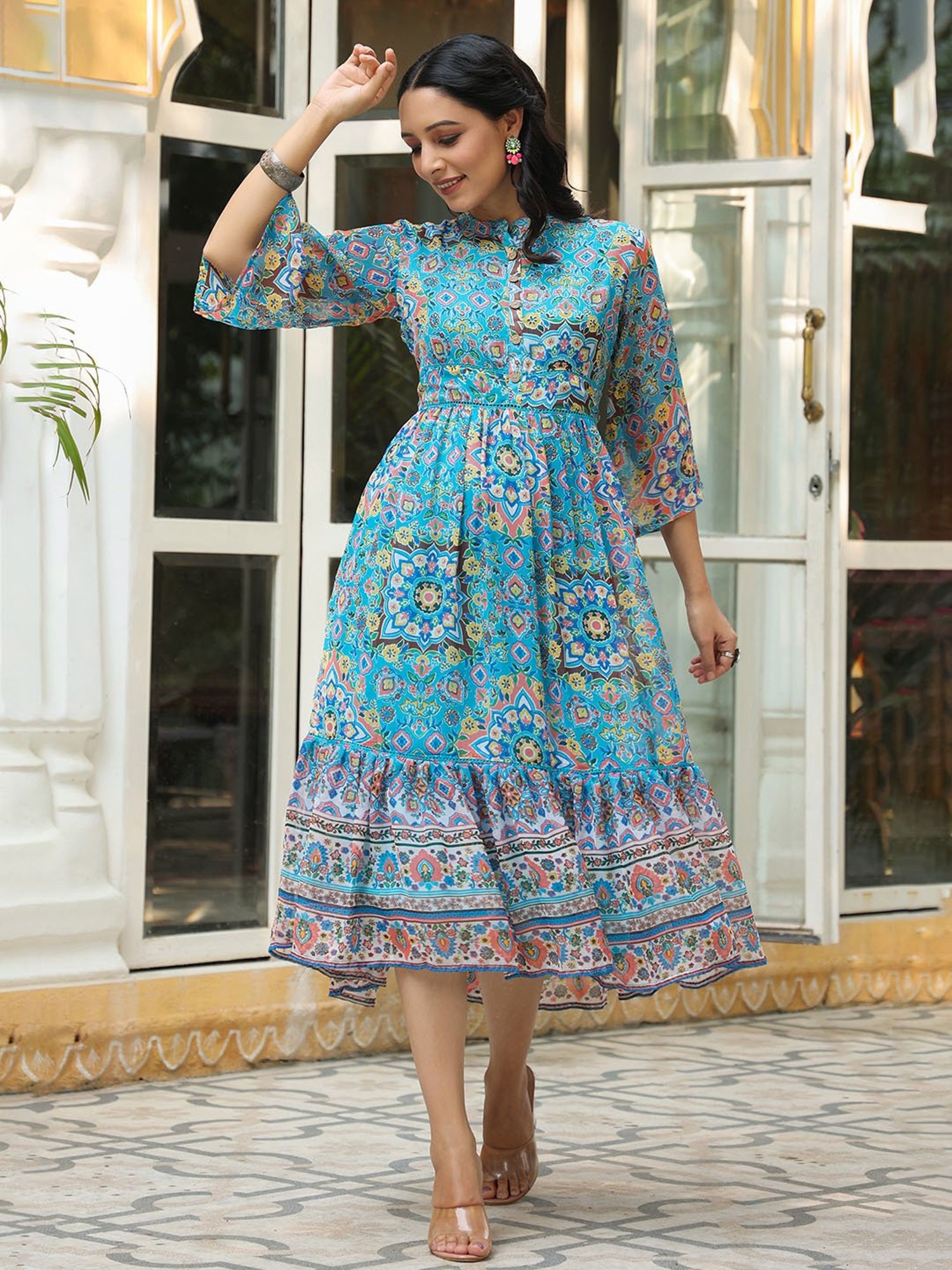 Juniper Aqua Blue Geometric Printed Chiffon Tiered Maxi Dress With Buttons