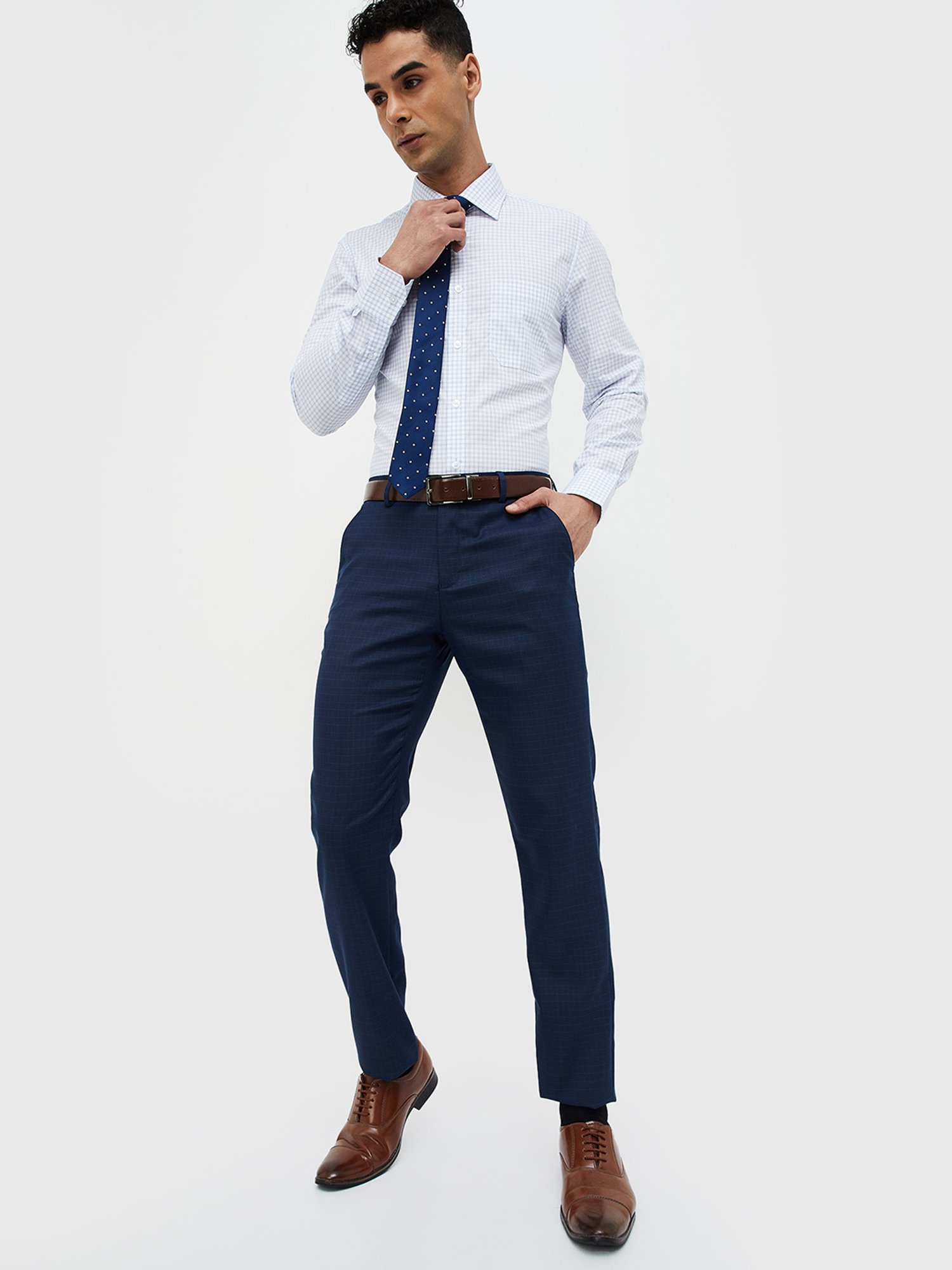 Code by Lifestyle Navy Slim Fit Check Flat Front Trousers