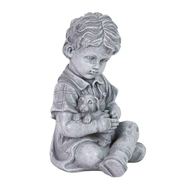 10.24" Resin Boy with Puppy Statue Gray - Exhart