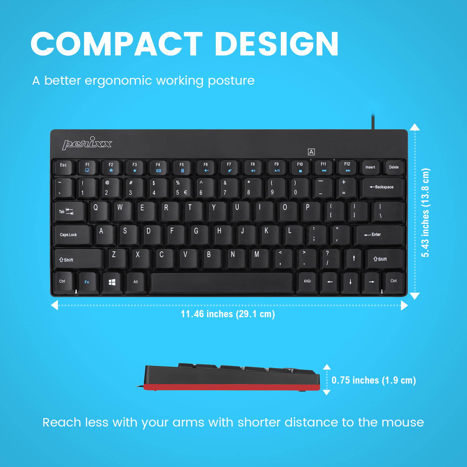 Perixx PERIBOARD-422 Wired USB-C Mini Keyboard, USB Type C Connection, Black