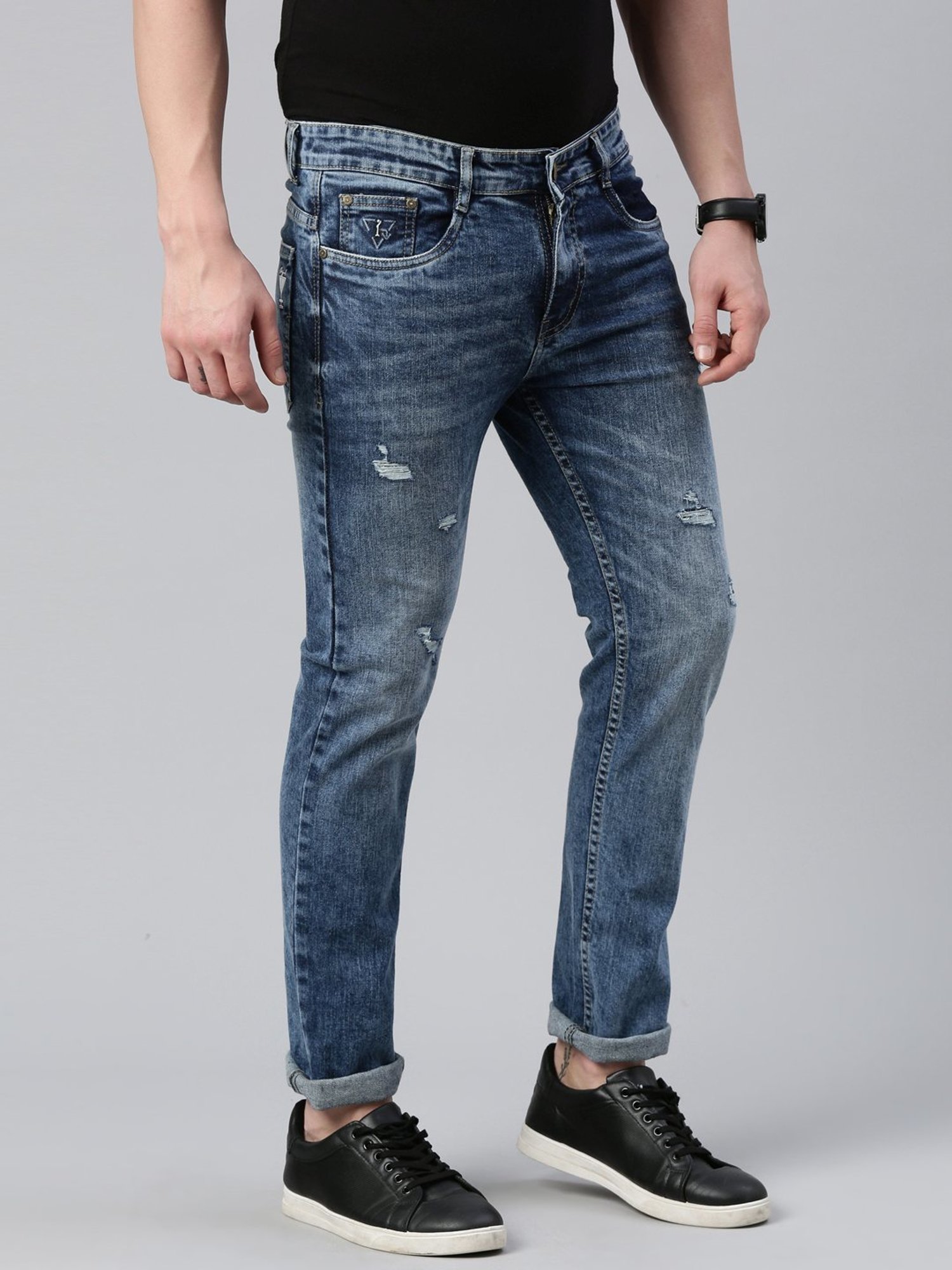 CINOCCI Blue Cotton Slim Fit Distressed Jeans