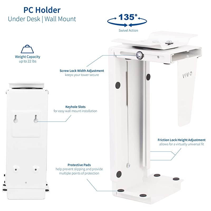 White Adjustable Under Desk and Wall PC Mount | Computer Case Holder with 135 Degree Swivel MOUNTPC01W