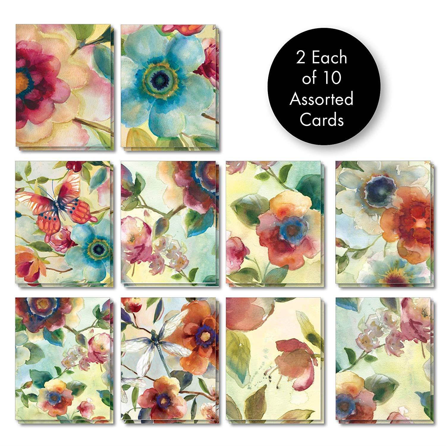 Watercolor Botanicals: 20 Assorted Blank All Occasions Notecards With Details of Floral-Themed Watercolor Paintings, with Envelopes. AM3314OCB-B2x10