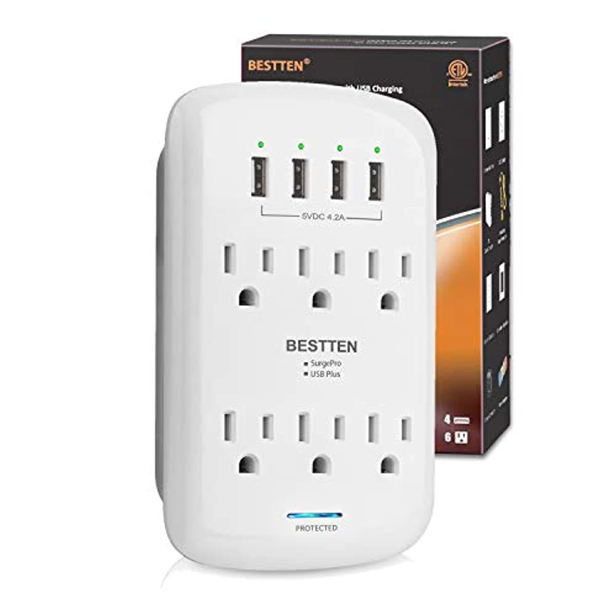 BESTTEN USB Wall Outlet Surge Protector (1200 Joules), 6 Grounded Outlets with 4 USB Charging Ports (5V/4.2A) and Top Phone Holder, ETL Listed, White