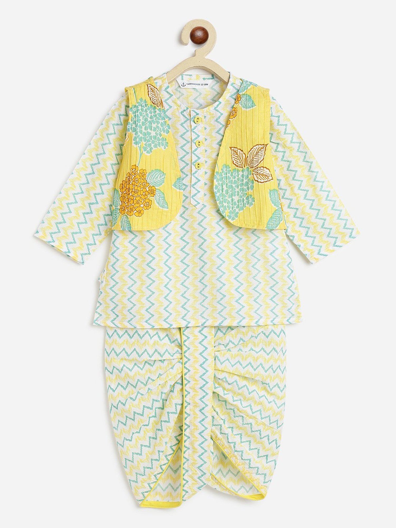Campana Kids Yellow Floral Print Full Sleeves Kurta, Dhoti with Jacket