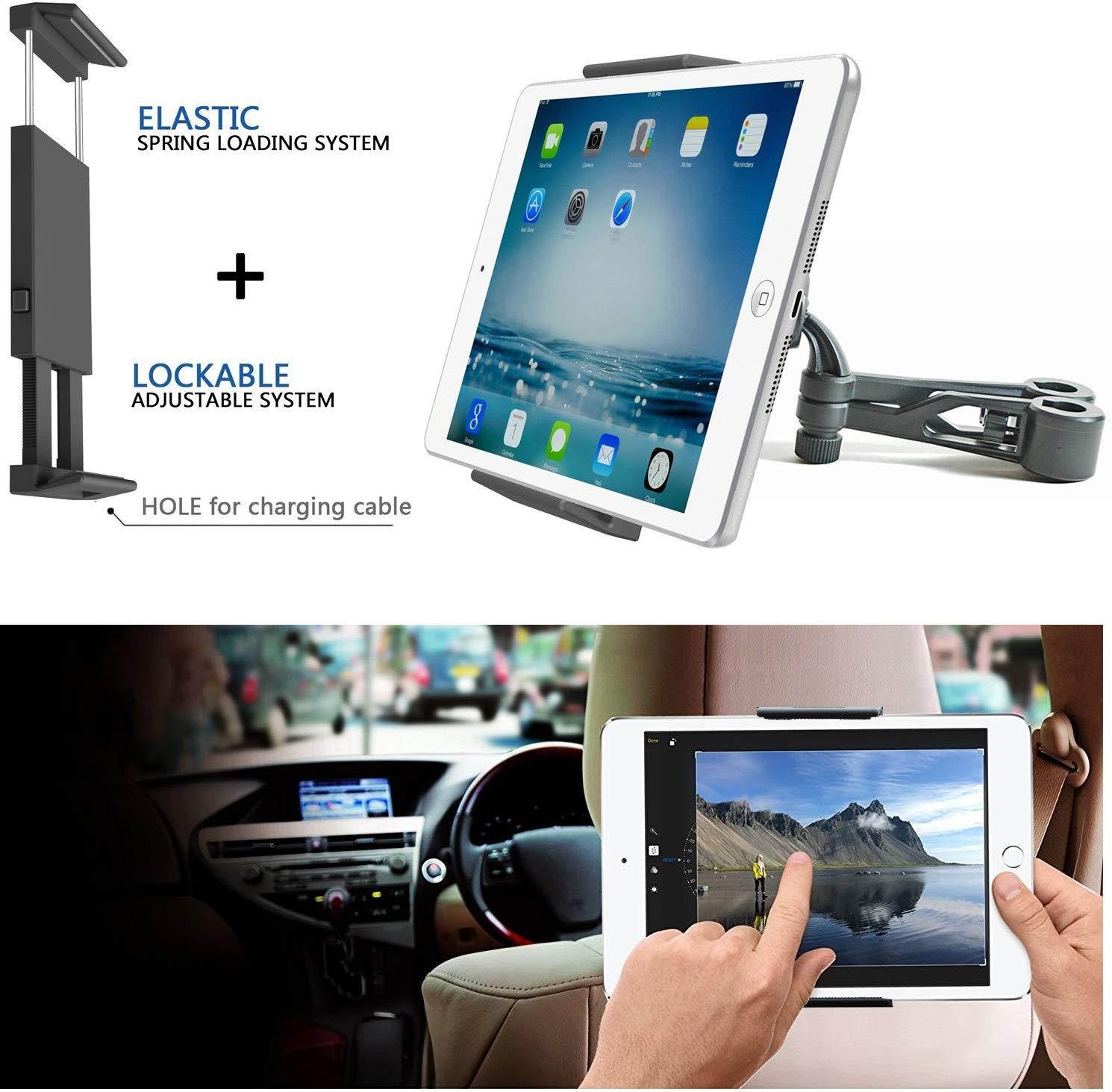 AccessoryBasics Secure Dual Post Headrest Mount for Holder for the Nintendo Switch,Tablets (iPad Mini Air, Galaxy Tab S E) Smartphone ( iPhone X 8 7 plus XR XS MAX, Samsung Galaxy S8 S9 Note)