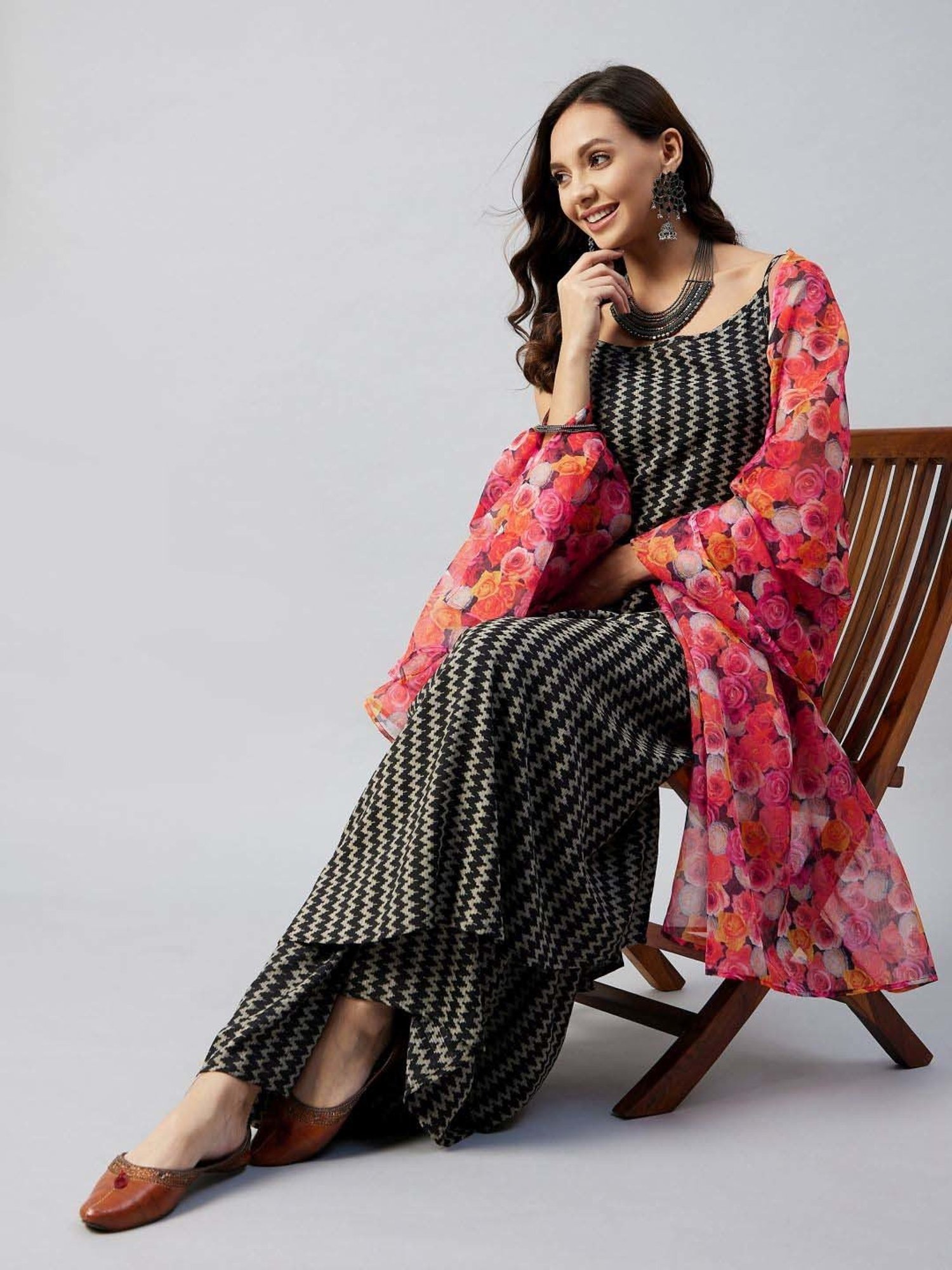 Inweave Pink & Yellow Floral Print Dupatta