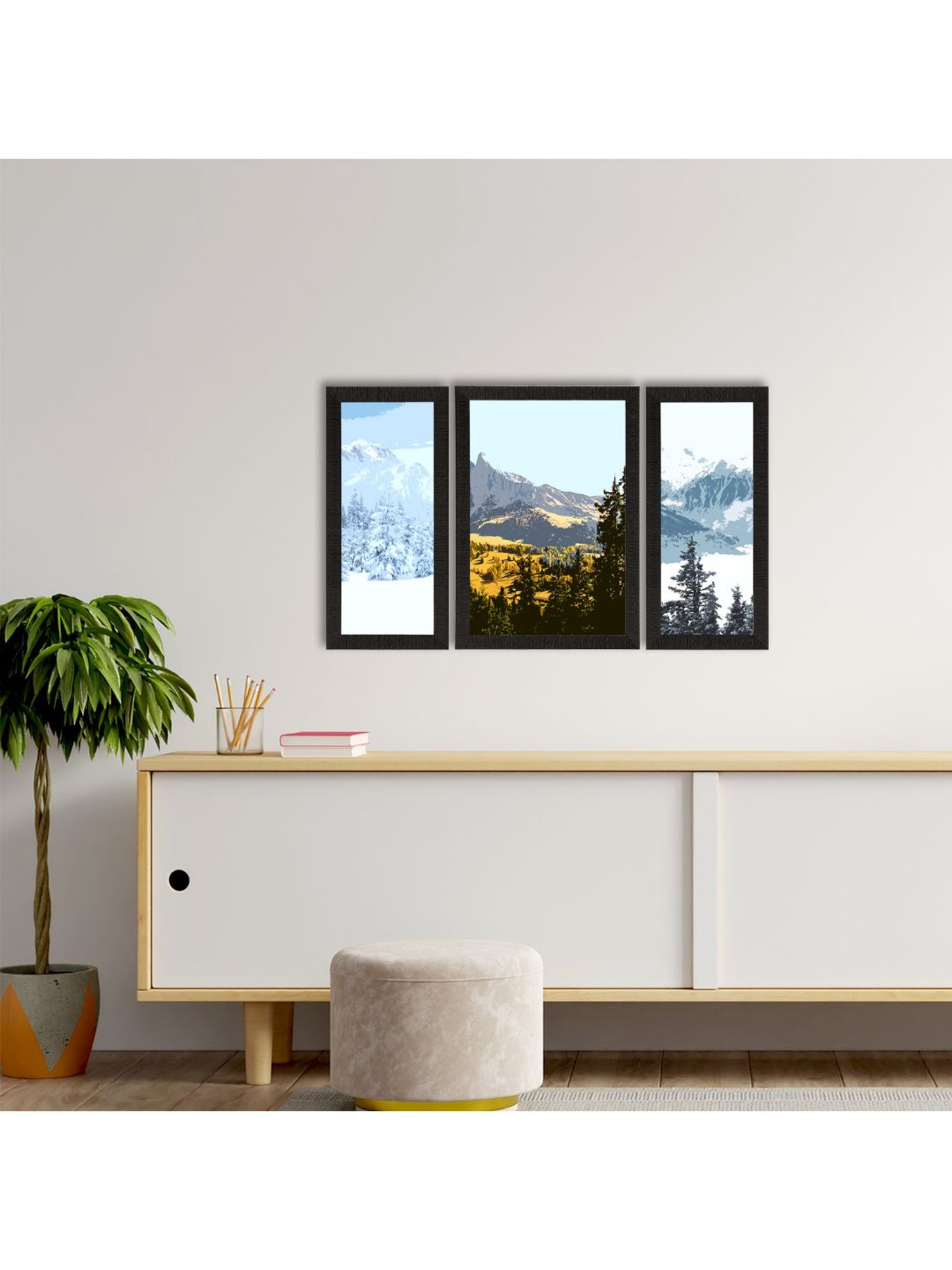 eCraftIndia Set of 3 Scenic Snow Mountains Landscape View Satin Matt Texture UV Art Painting