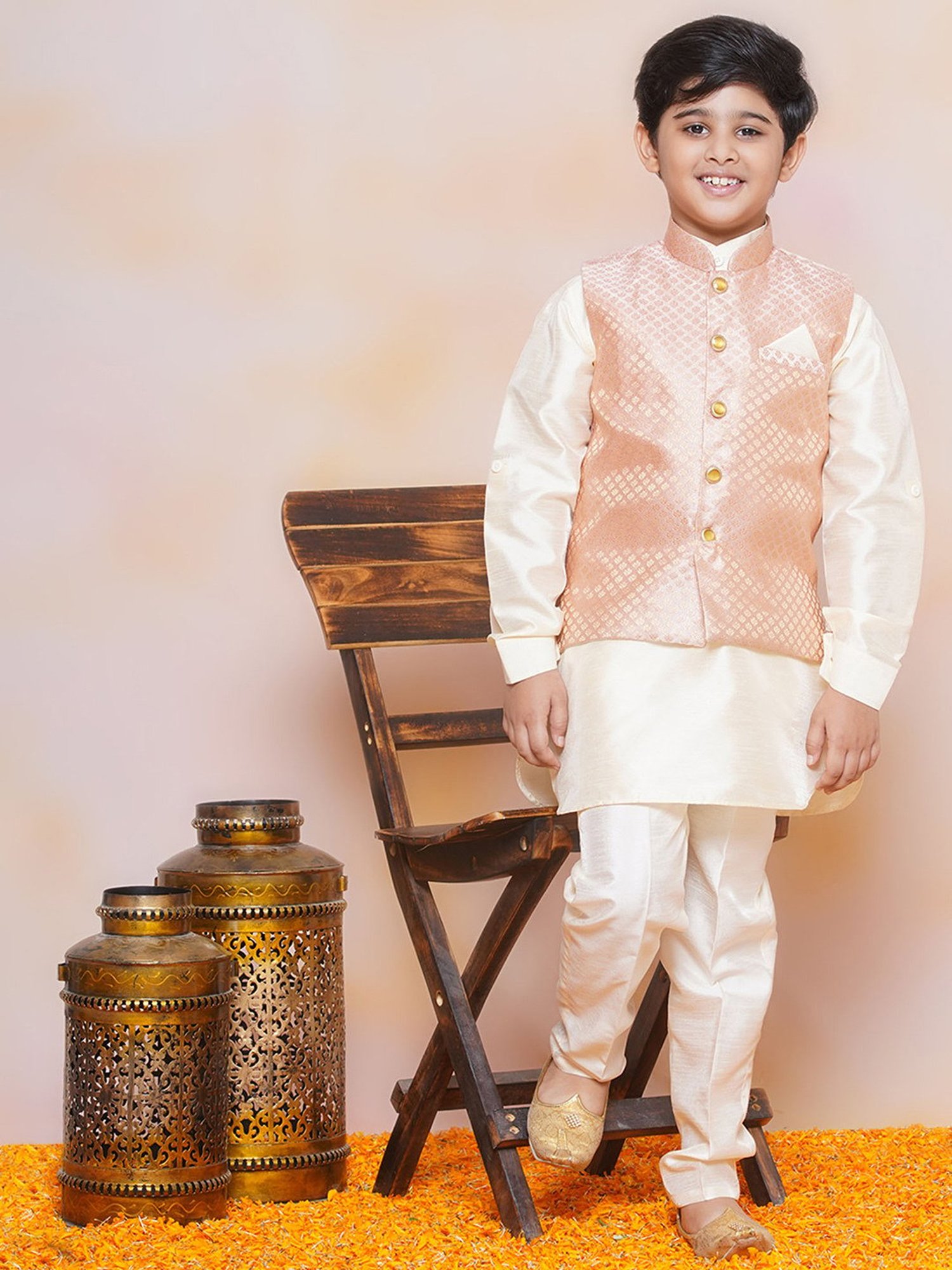 AJ Dezines Kids Peach Printed Full Sleeves Kurta, Pyjamas with Waistcoat