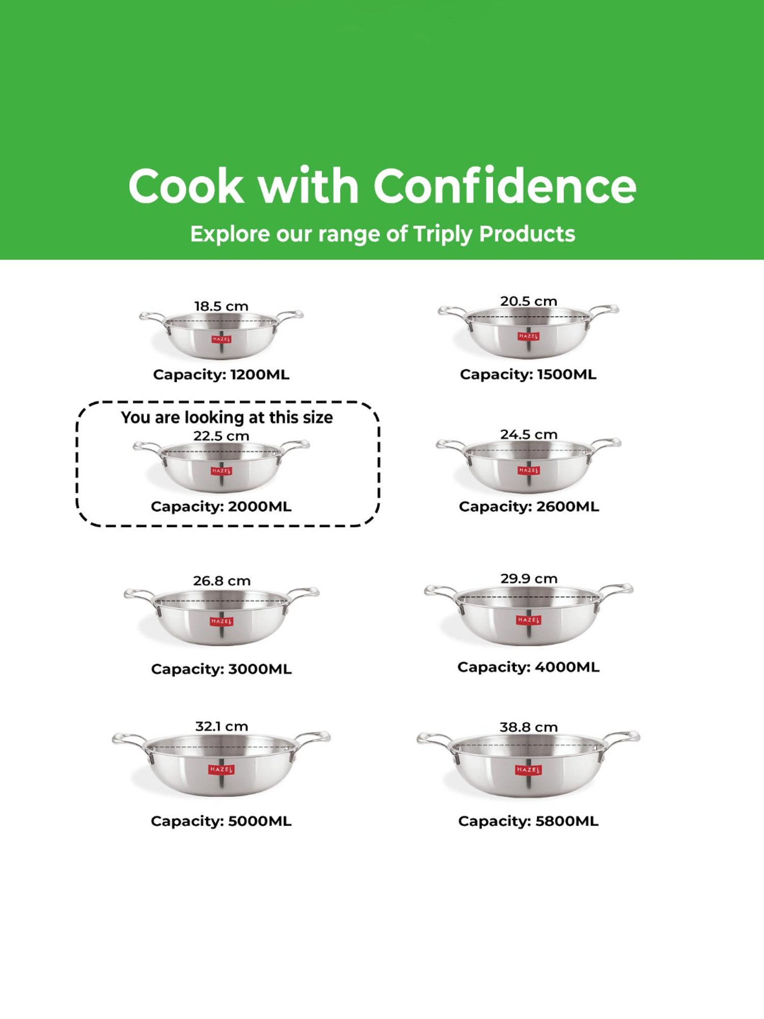 HAZEL Triply Stainless Steel Induction Bottom Kadhai, 2 Litre, 22.5 cm