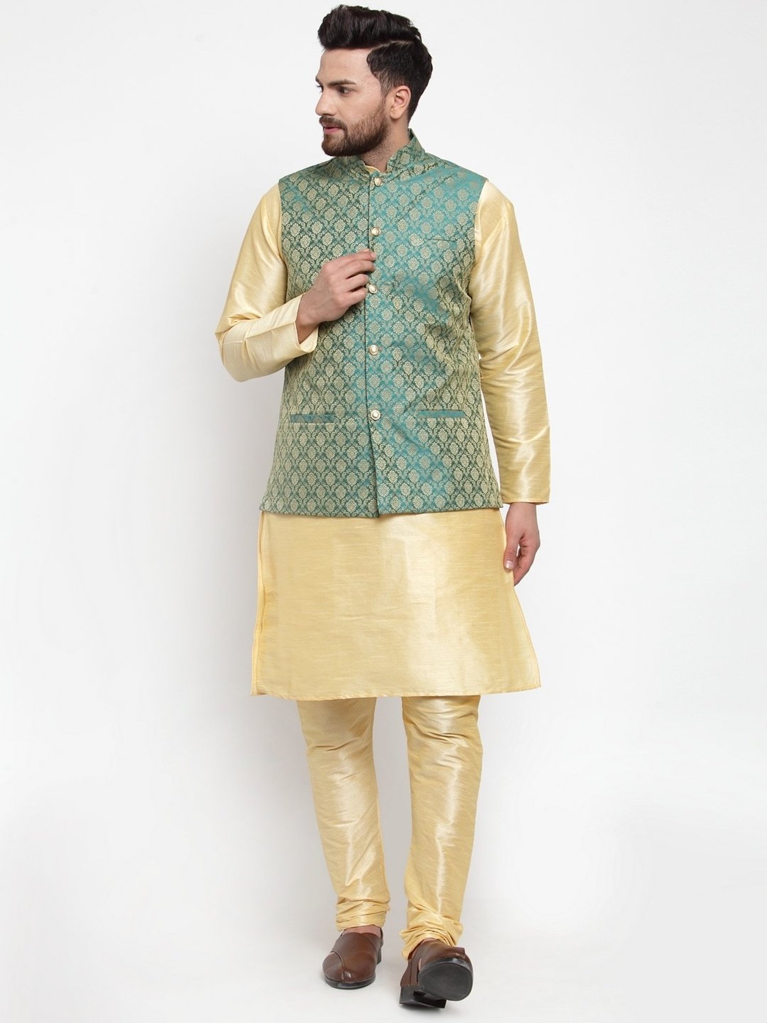 Jompers Green Regular Fit Embroidered Nehru Jacket