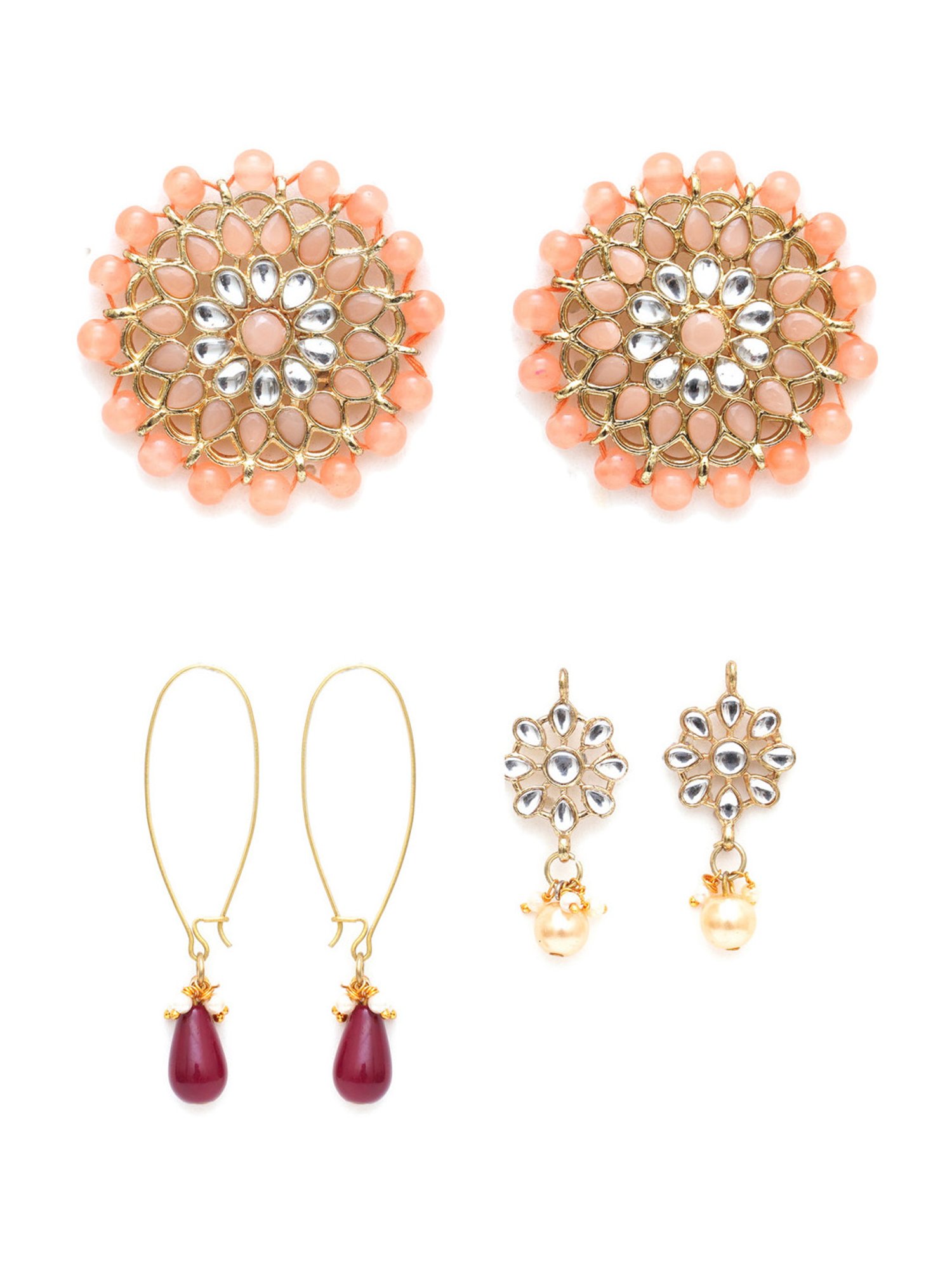 Karatcart Handcrafted Kundan Drop & Stud Earrings - Set of 3