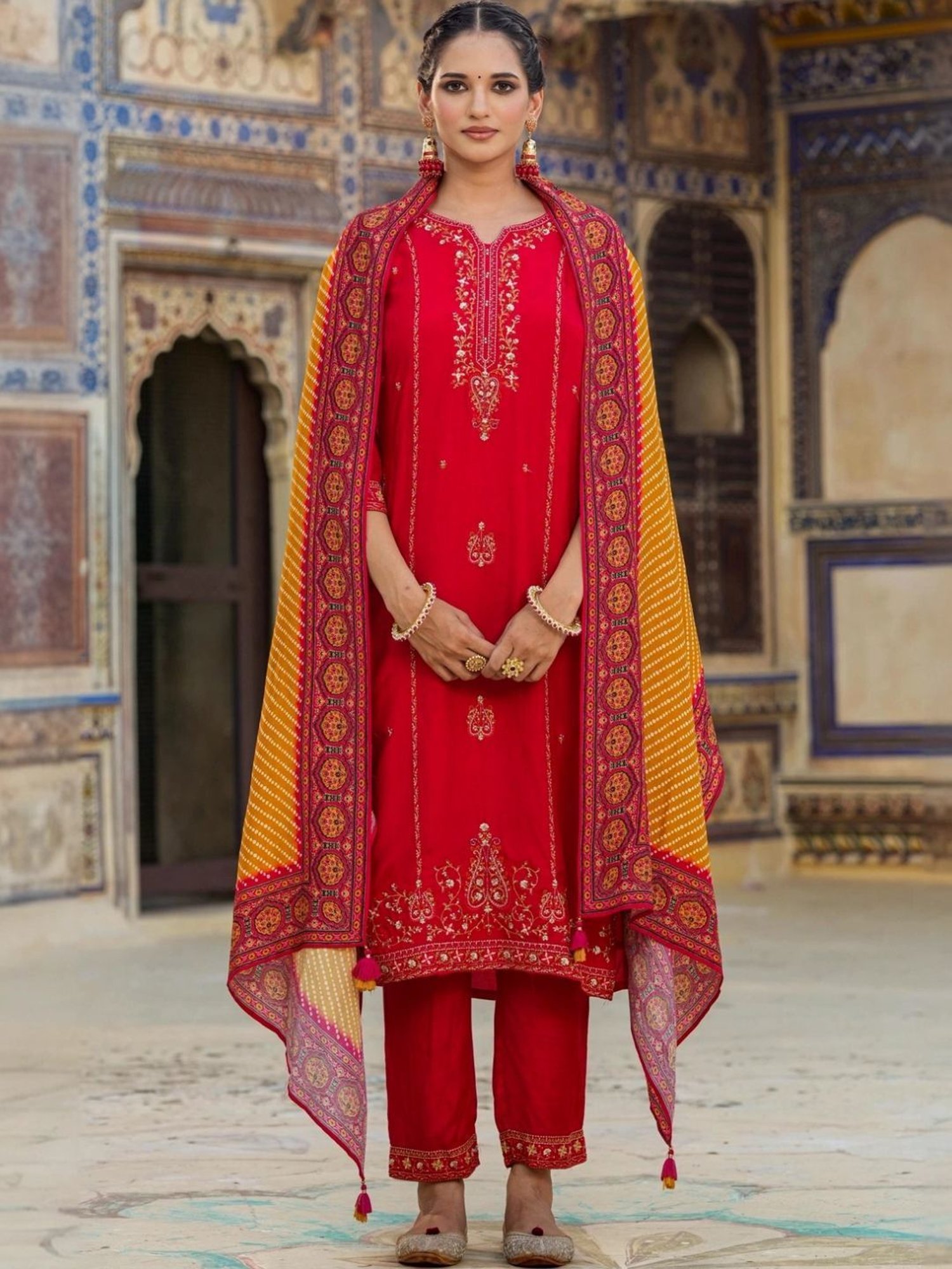 Scakhi Red Dola Silk Embroidered-Printed Suit Set Kurta With Pant And Dupatta
