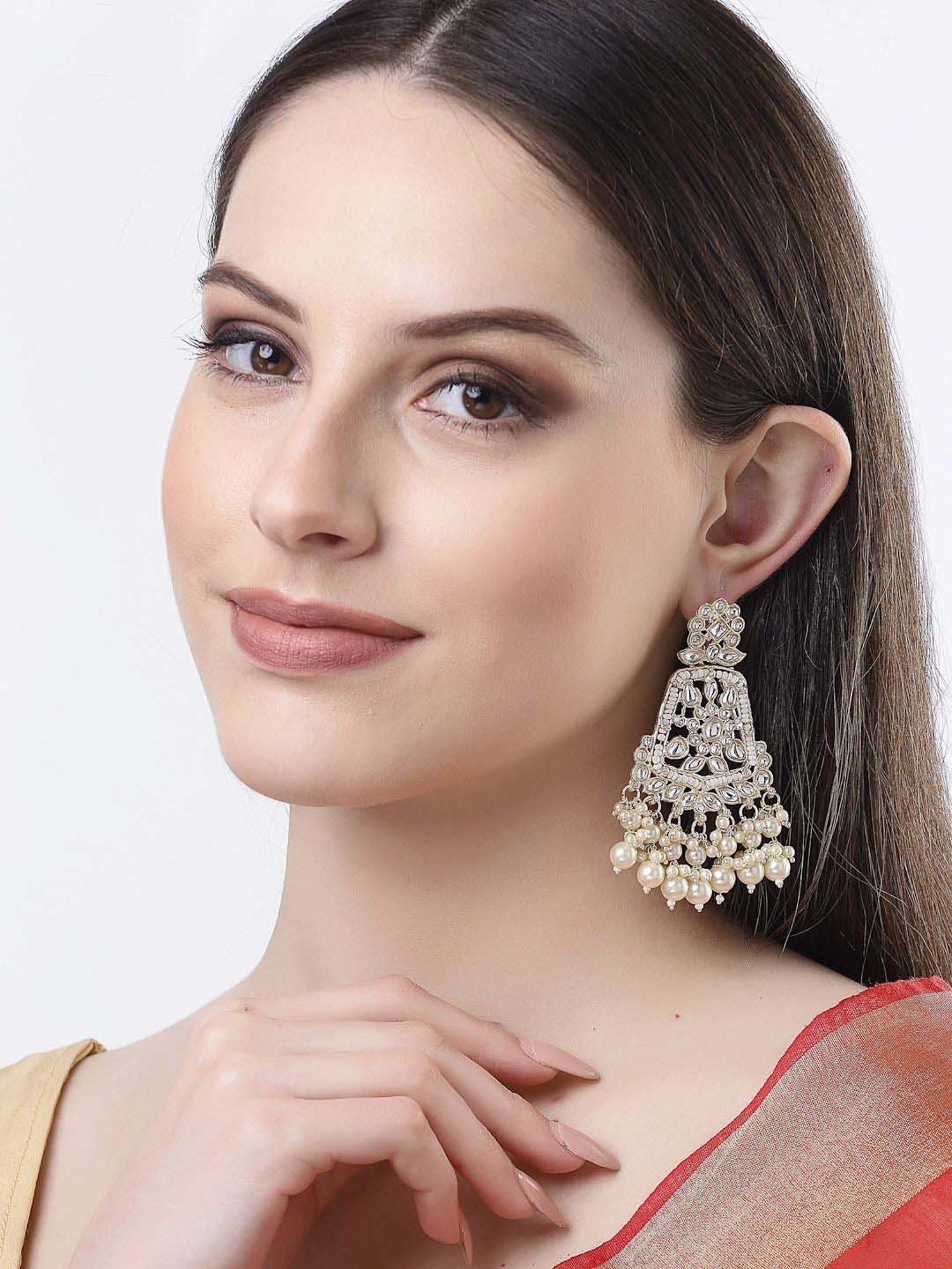 NVR Gold-Plated Kundan Dangler Earrings for Women