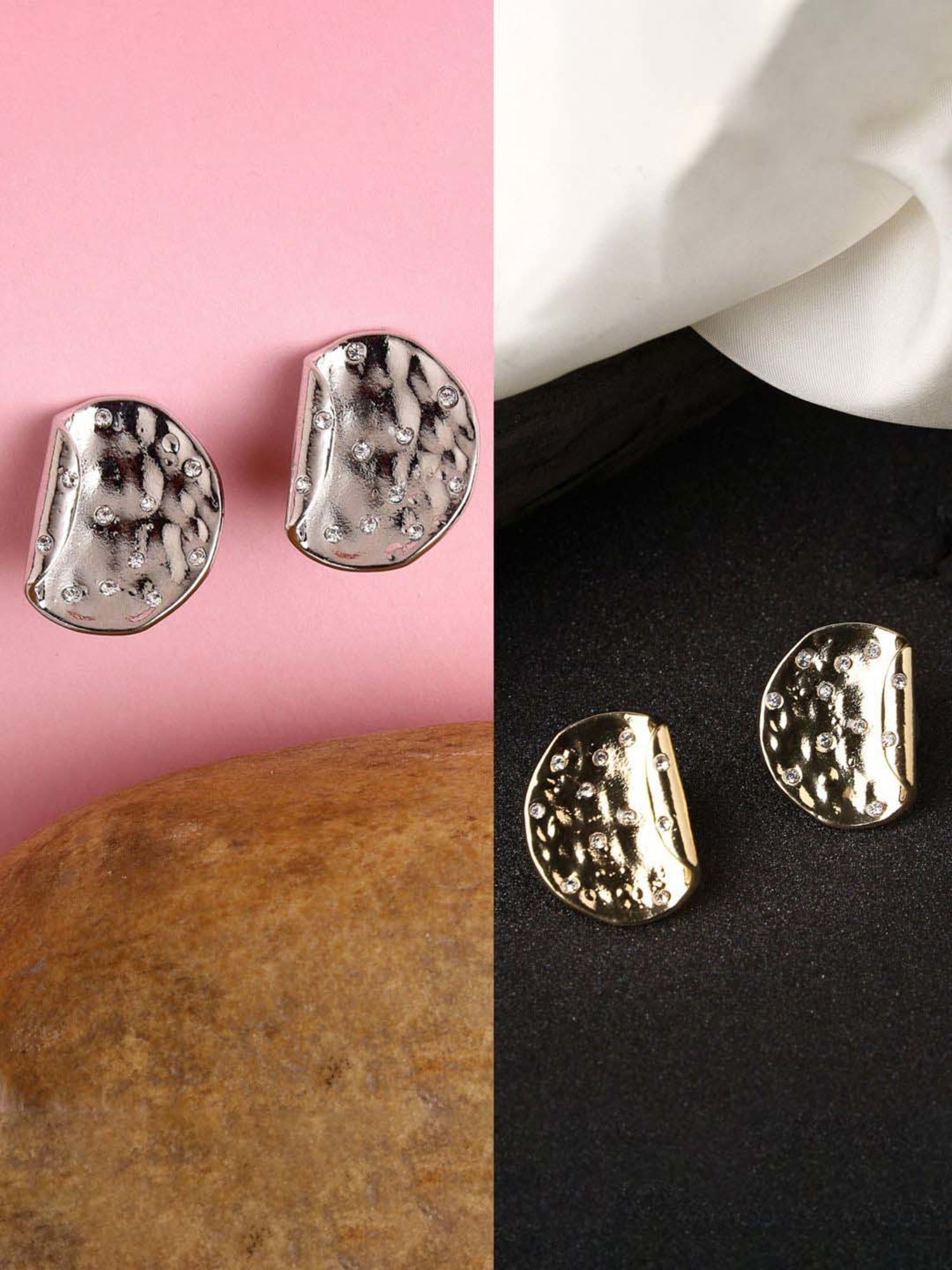 NVR Gold & Silver Brass-Plated Artificial Stones Studded Stud Earrings for Women - Set of 2