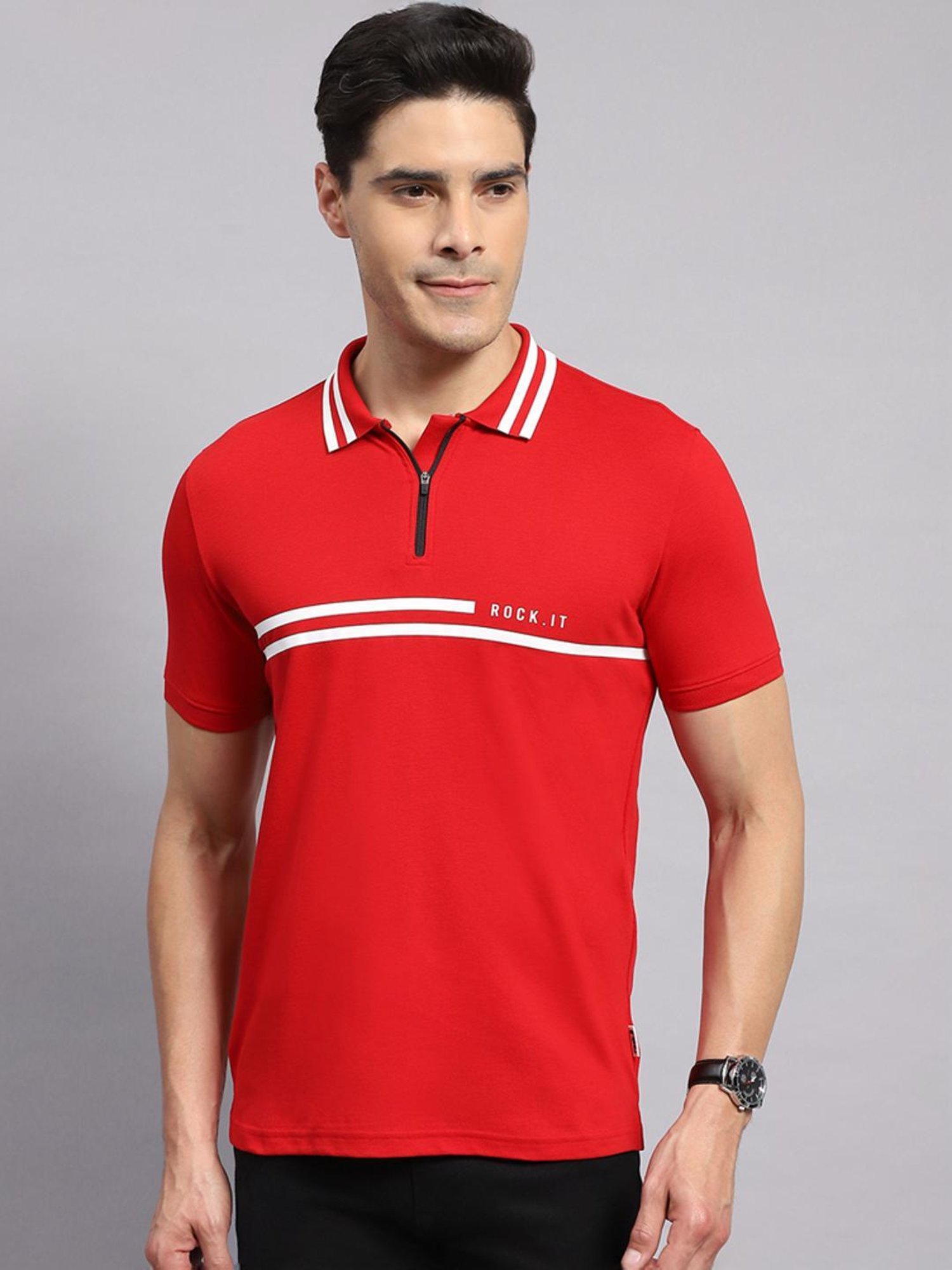 Rock.it Red Cotton Regular Fit Printed Polo T-Shirt