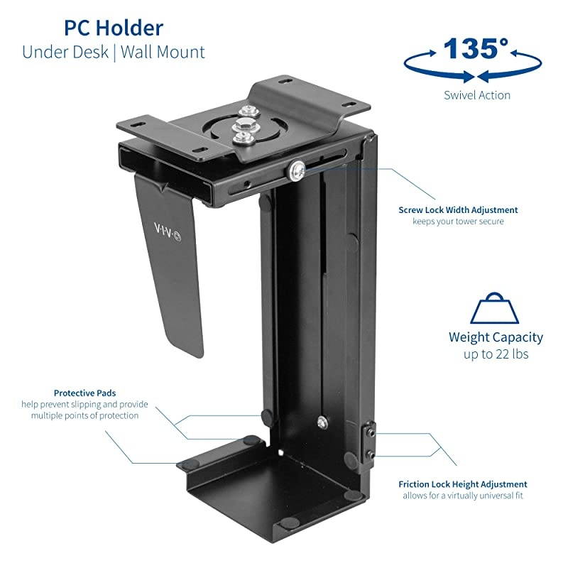 Adjustable Under Desk and Wall PC Mount | Computer Case Holder with 135 Degree Swivel MOUNTPC01