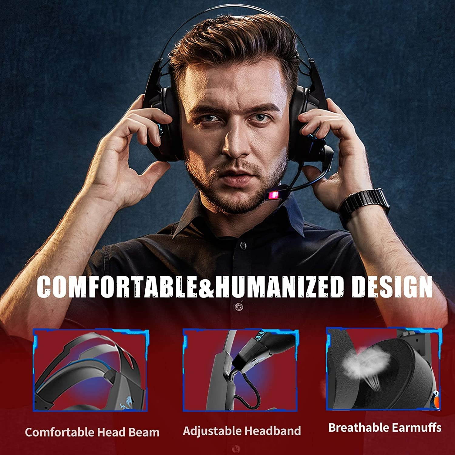 YOTMS Gaming Headset for PS4 PS5 PC Nintendo Switch Xbox One Headset with Noise Cancelling Mic Y1 Pro Wired Over Ear Headphones with RGB Light 7.1 Stereo Sound Soft Earmuffs for Laptop Mac Game