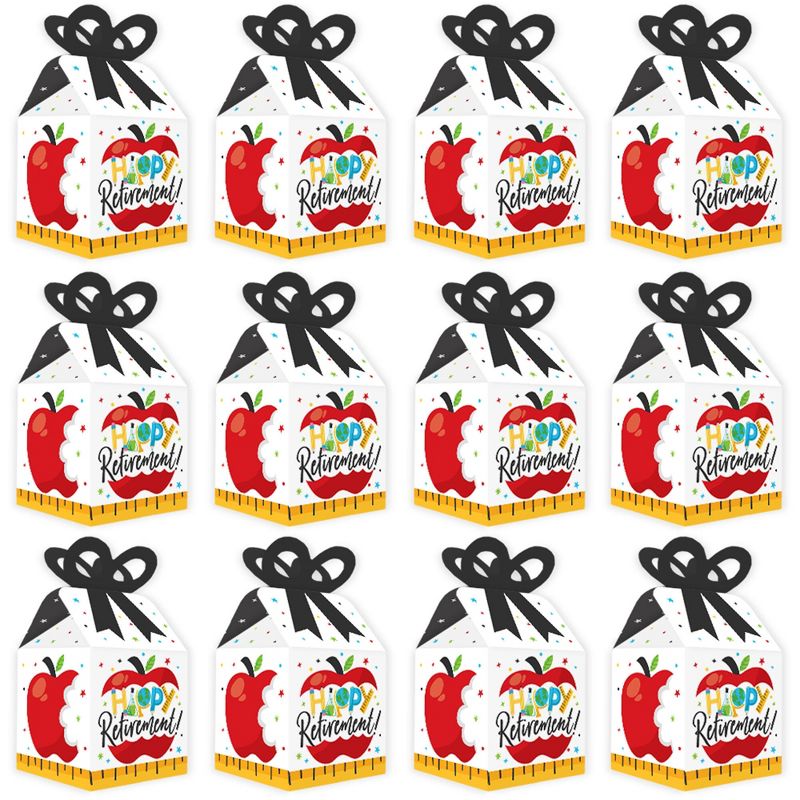 Big Dot of Happiness Teacher Retirement - Square Favor Gift Boxes - Happy Retirement Party Bow Boxes - Set of 12