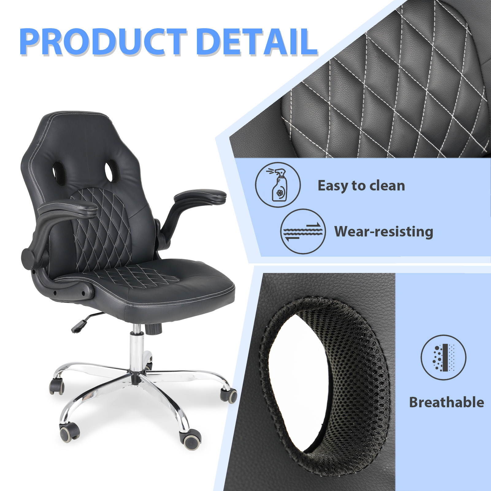 Office Chair, Gaming Chair Bonded Leather, Ergonomic Computer Desk Chair Task Swivel Executive Chairs High Back with Flip-up Armrests and Rolling Casters (Black)