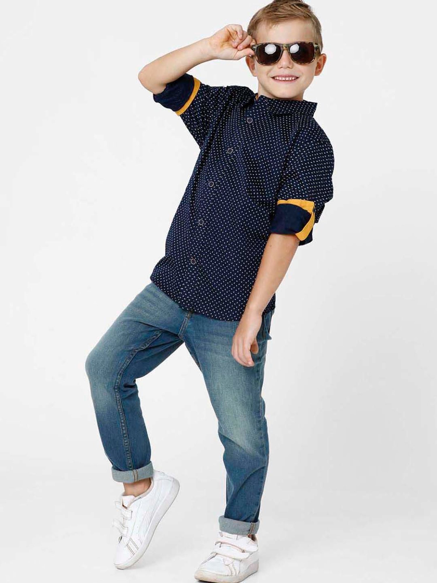 Kate & Oscar Kids Navy Cotton Printed Full Sleeves Shirt