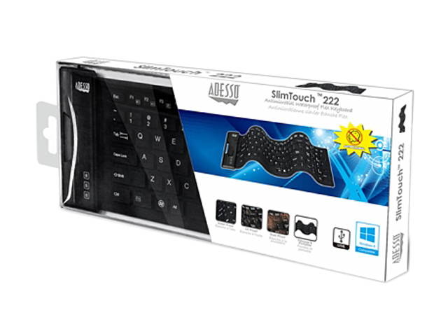 Adesso AKB-222UB USB Antimicrobial Foldable water proof 108-key compact size keyboard, 0.43" x 15.00" x 4.82" (Black)