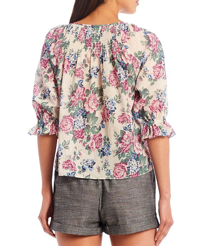 Shabby Chic Primrose Tie Detail Notch Neck 3/4 Sleeves Peasant Top