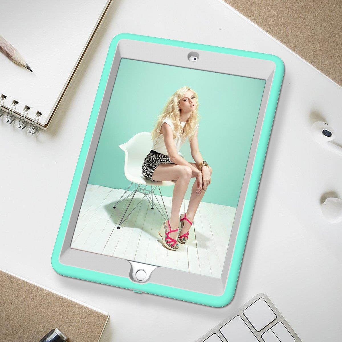 iPad 5th/6th Generation Case, Hocase Heavy Duty Shock Absorbent Rubber+Hard Plastic Dual Layer Protective Case w/ Mandala Floral Print and Kickstand for iPad 9.7 2018/2017 - Mint Green / Gray