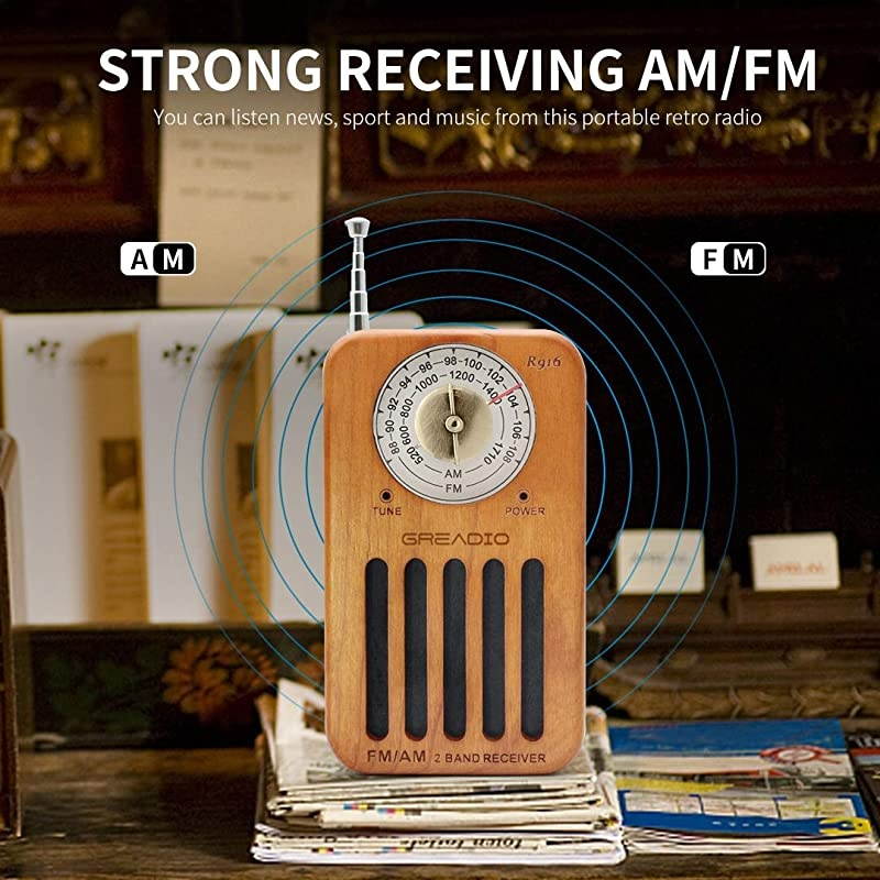 Portable Radio Pocket Retro Cherry Wood Radio with Headphone Jack Best Reception Battery Operated Personal Transistor by 2 AA Battery for Travelling Jogging and Walking