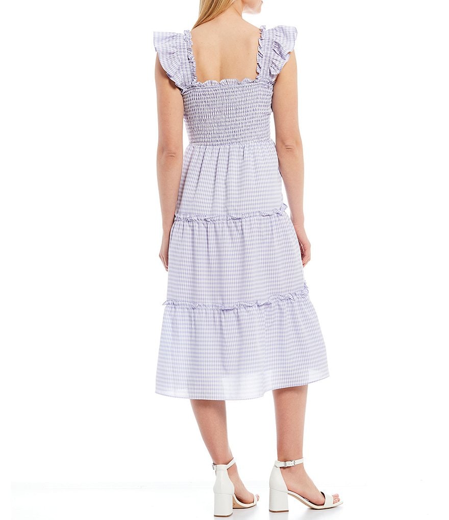 Sugarlips Gingham Square Neck Flutter Shoulder Tiered Smocked Sleeveless Midi Dress