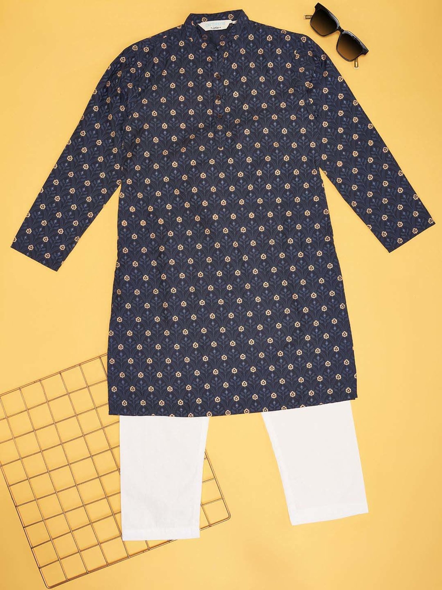 Indus Route by Pantaloons Boys Midnight Navy Printed Full Sleeves Kurta Sets
