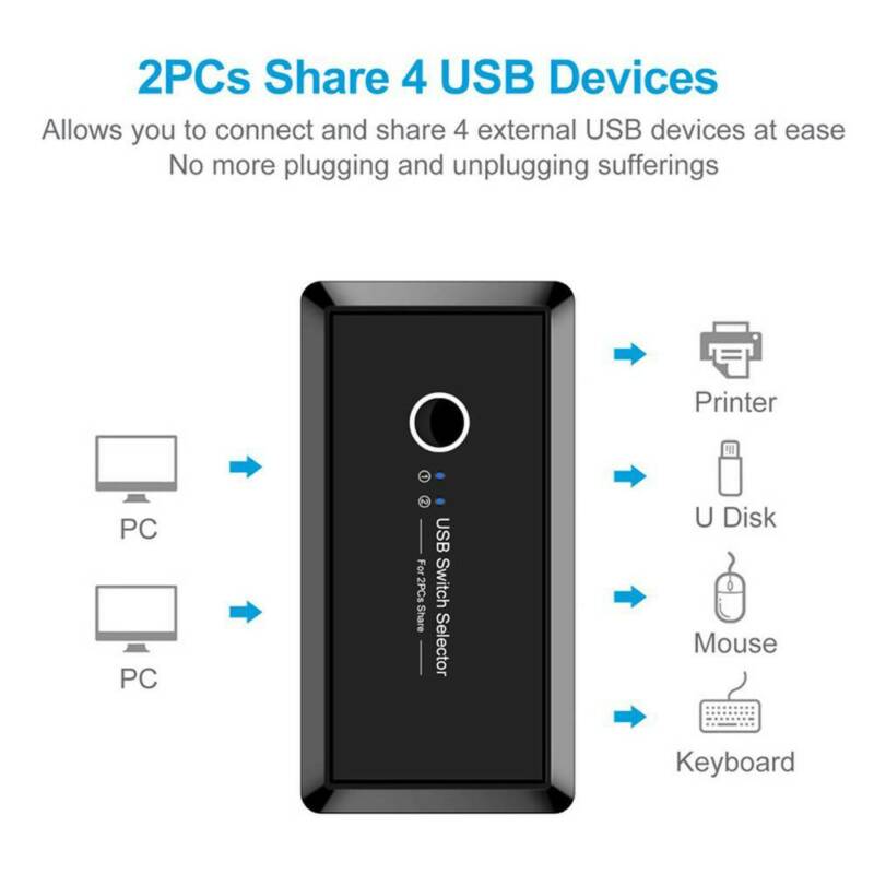 USB Sharing Switch for 2 Computers Sharing 4 USB 3.0 Ports, KVM Switches Adapter Hub for PC, Printer, U-disk, Mouse, Keyboard with One Button Swapping and 2 USB3.0 Cable, Black