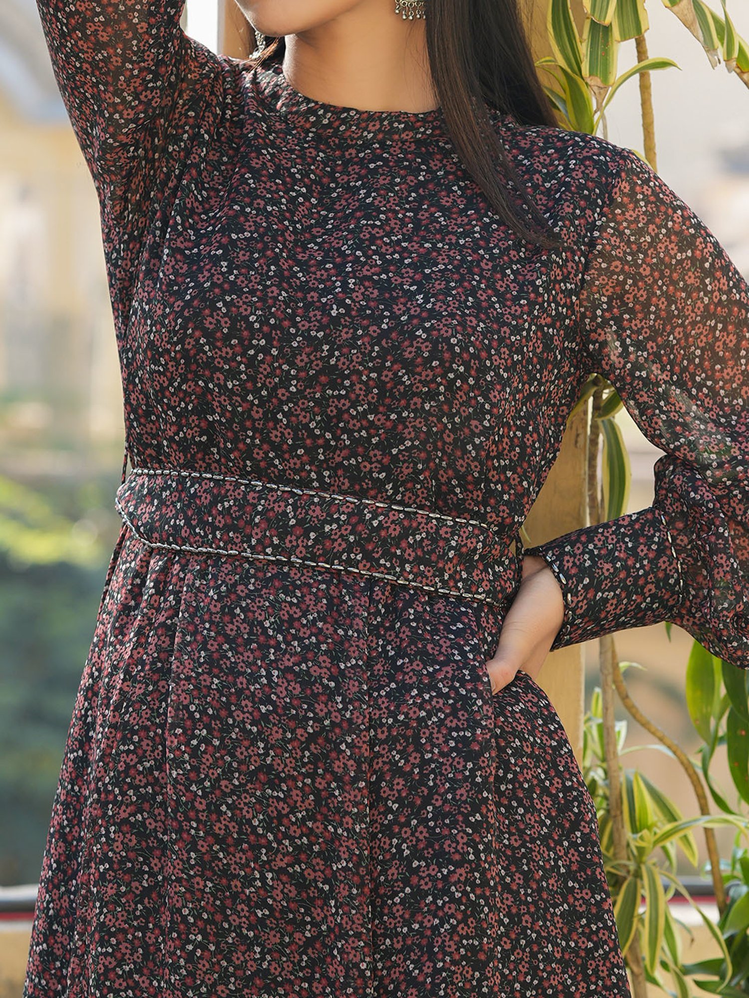 Juniper Black Floral Printed Chiffon Flared Maxi Dress With Buttons