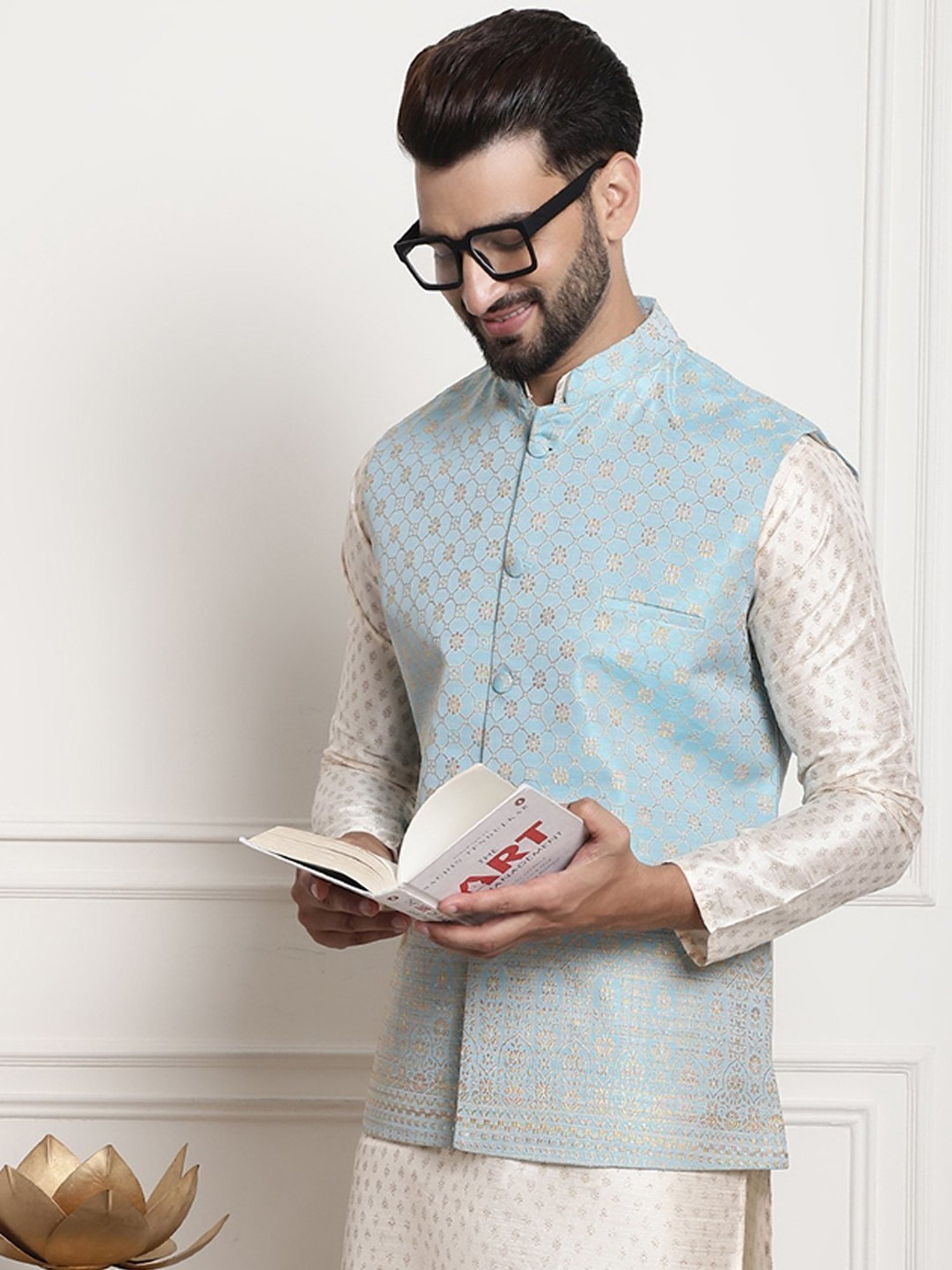 Sojanya Sky Blue Regular Fit Jacqard Nehru Jacket