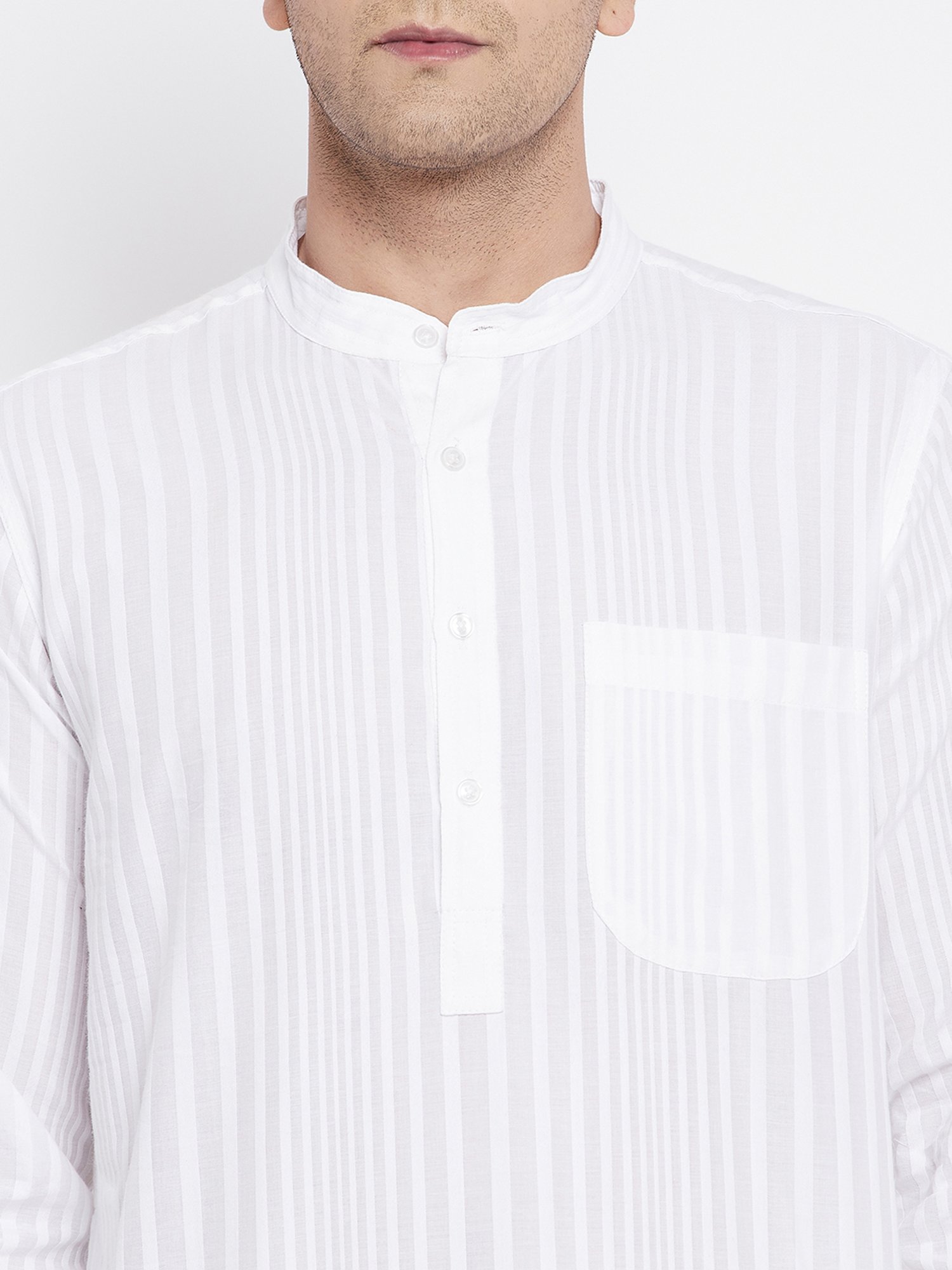 Even White Striped Mandarin Collar Kurta