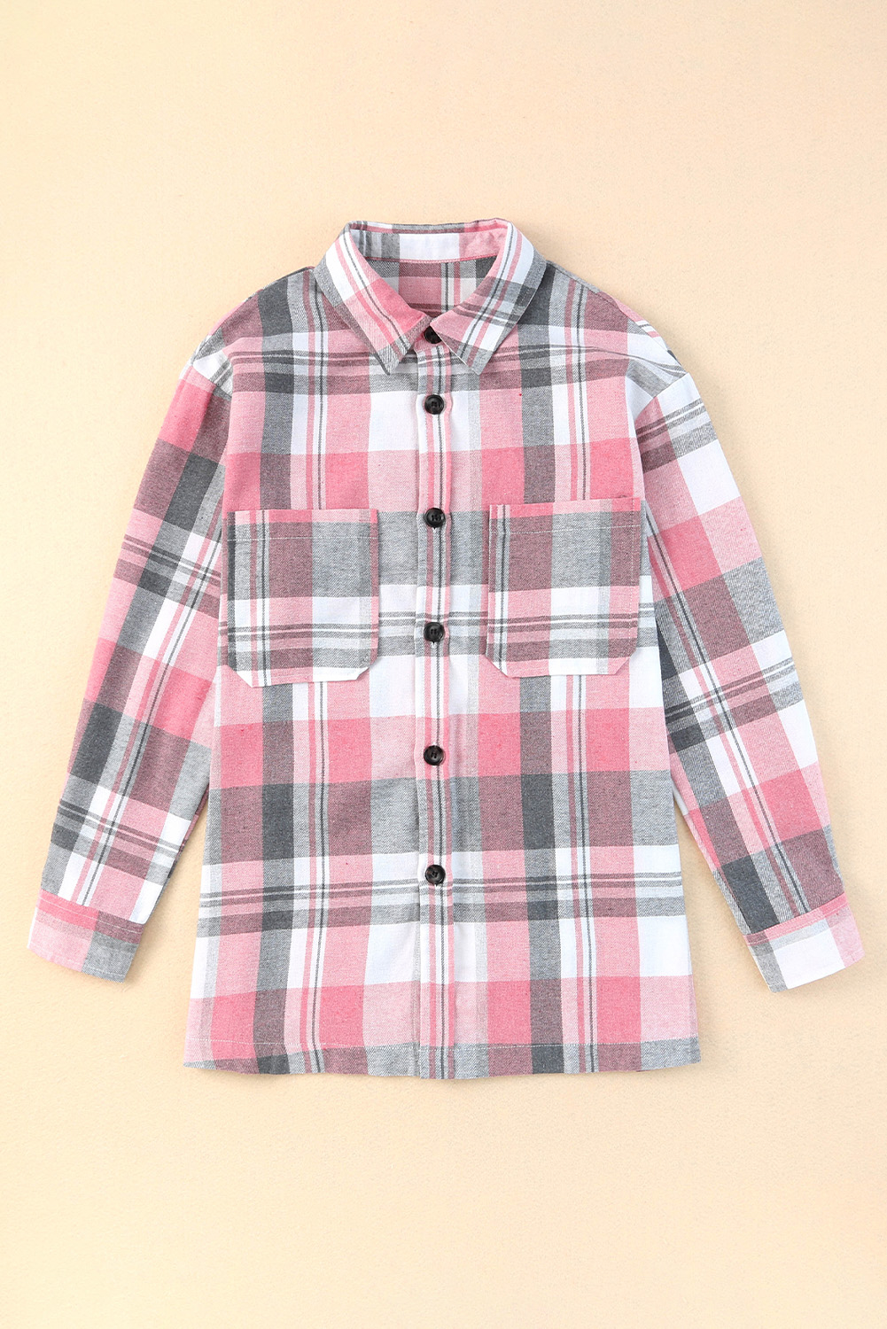 Pink Long Sleeve Collared Button Up Flannel Shacket