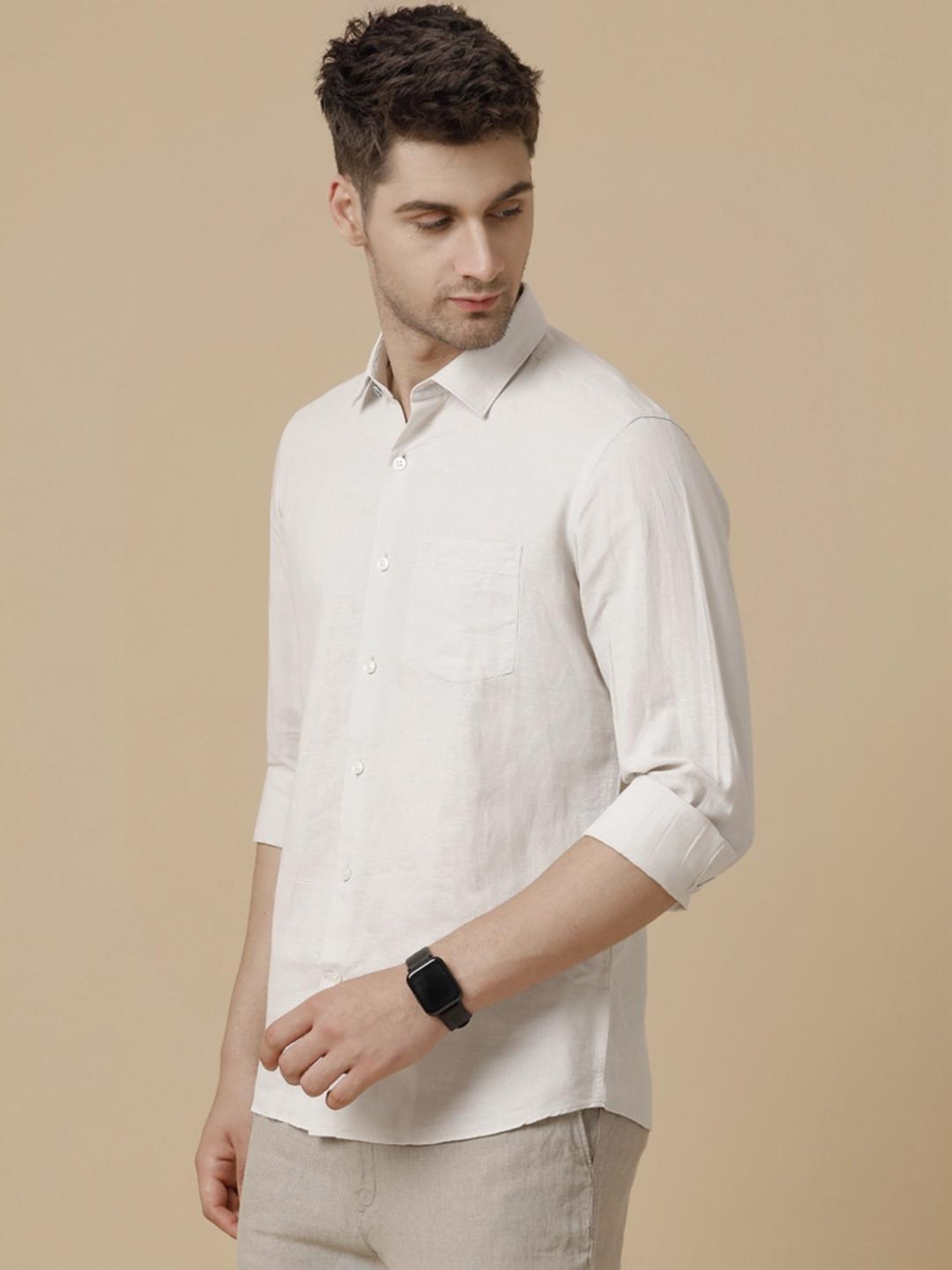 Linen Club Beige Linen Contemporary Fit Shirt