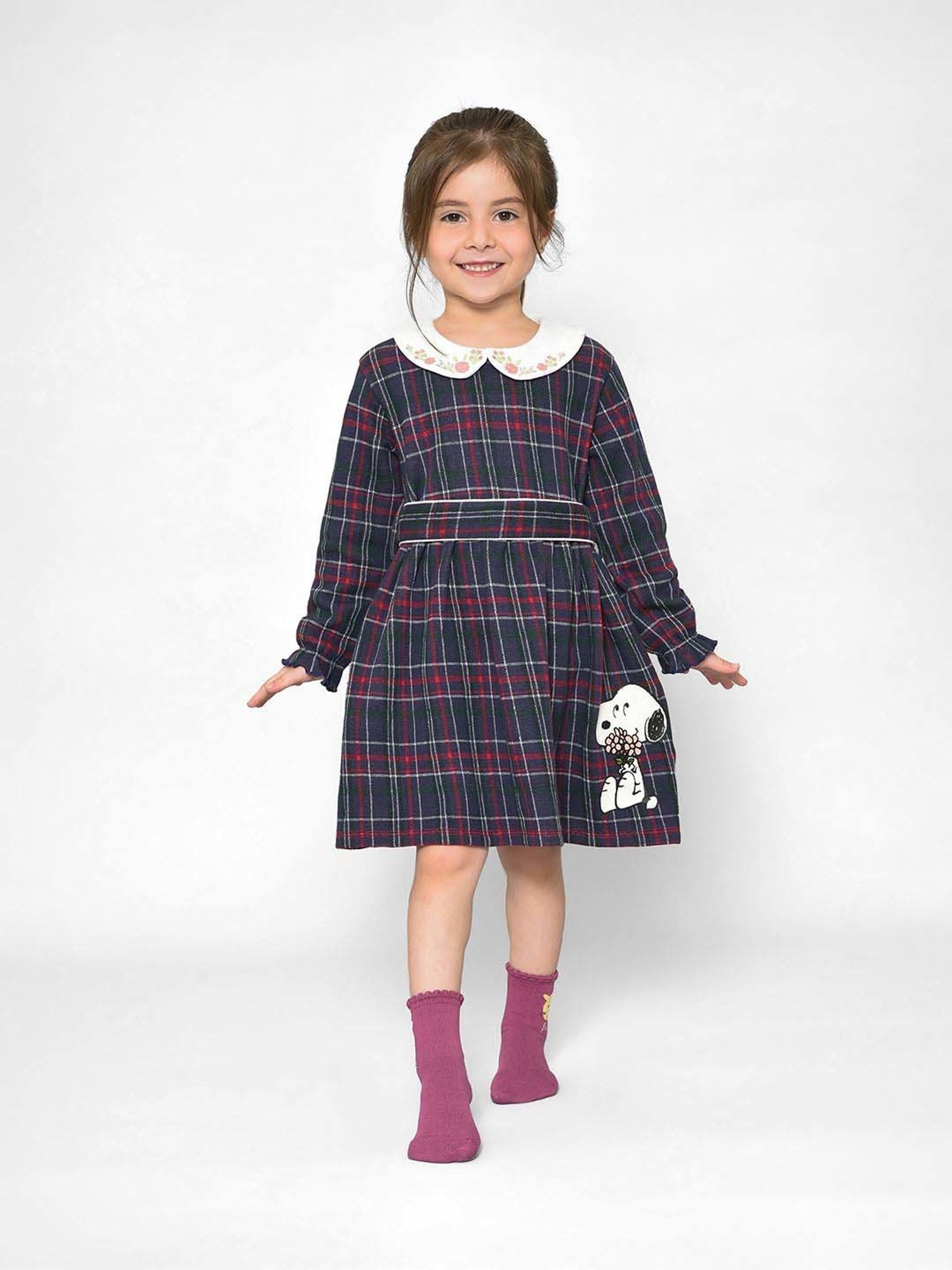MiArcus Kids PEANUTS Blue Cotton Chequered Full Sleeves Frock Dress
