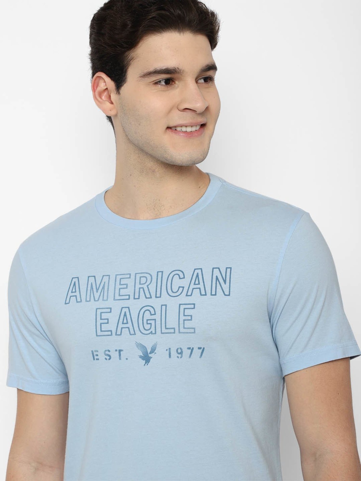 American Eagle Outfitters Light Blue Cotton Regular Fit Printed T-Shirt
