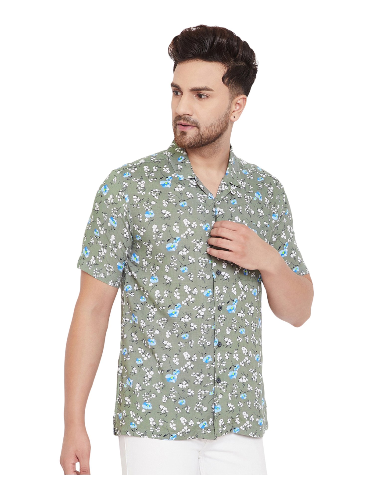 Even Olive Green Slim Fit Printed Shirt