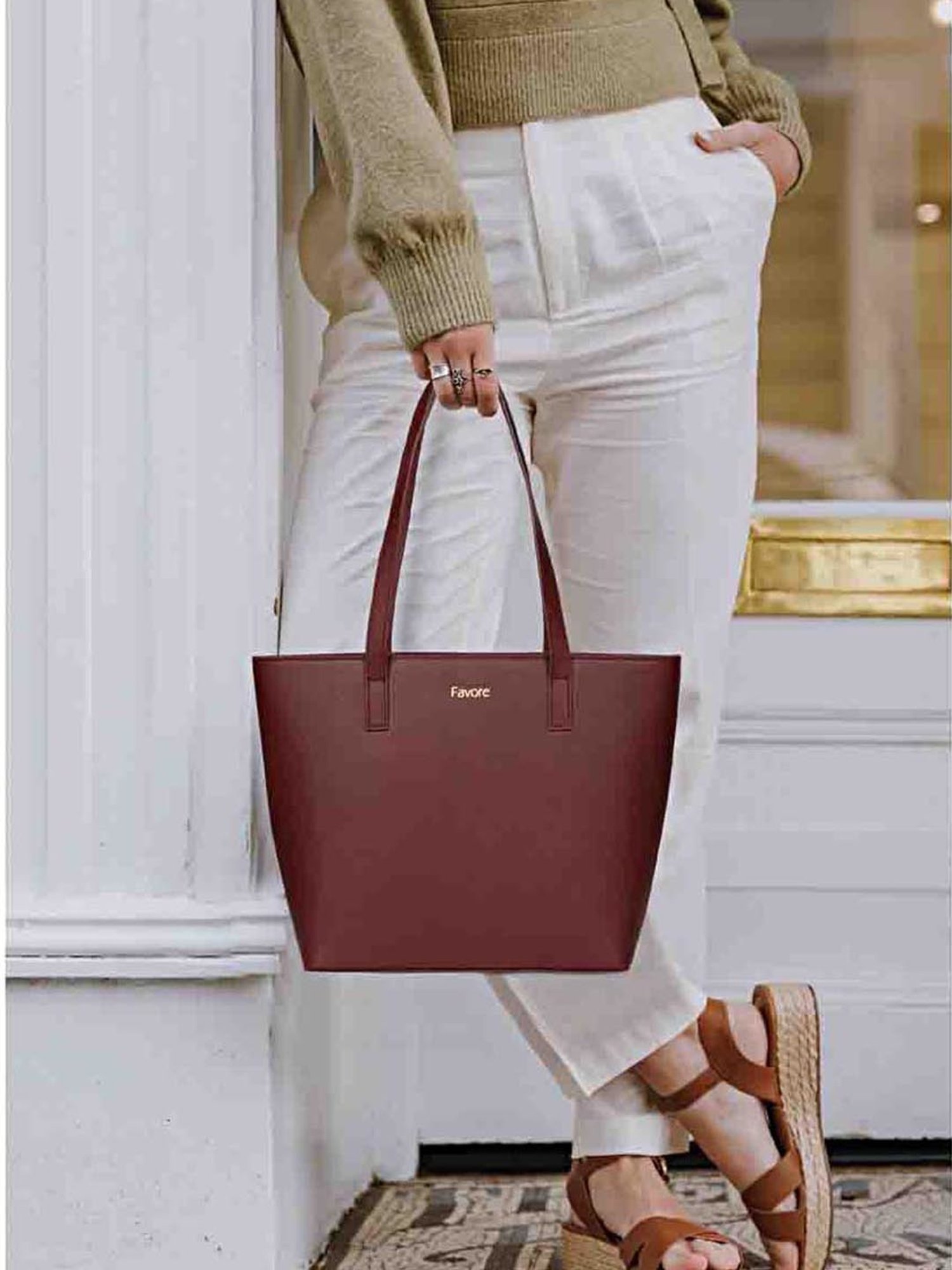 Saint G Brown Solid Medium Tote Handbag with pouch